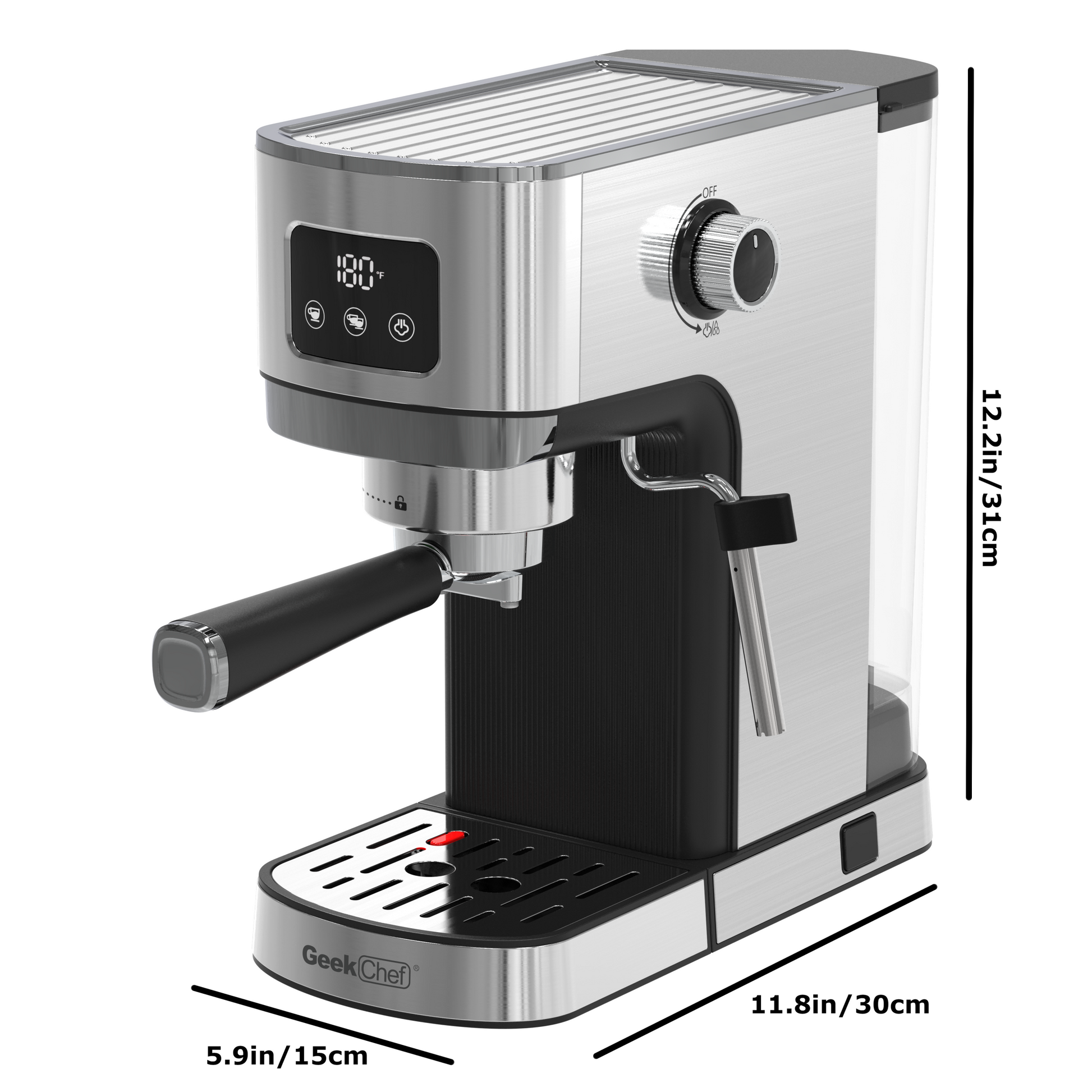 Geek Chef Espresso Machine, Cappuccino & Latte Machine With Ese Pod Filter & Milk Frother Steam Wand, Accurate Temperature & Time Control, Compact Coffee Machine For Home,Stainless Steel Silver Stainless Steel