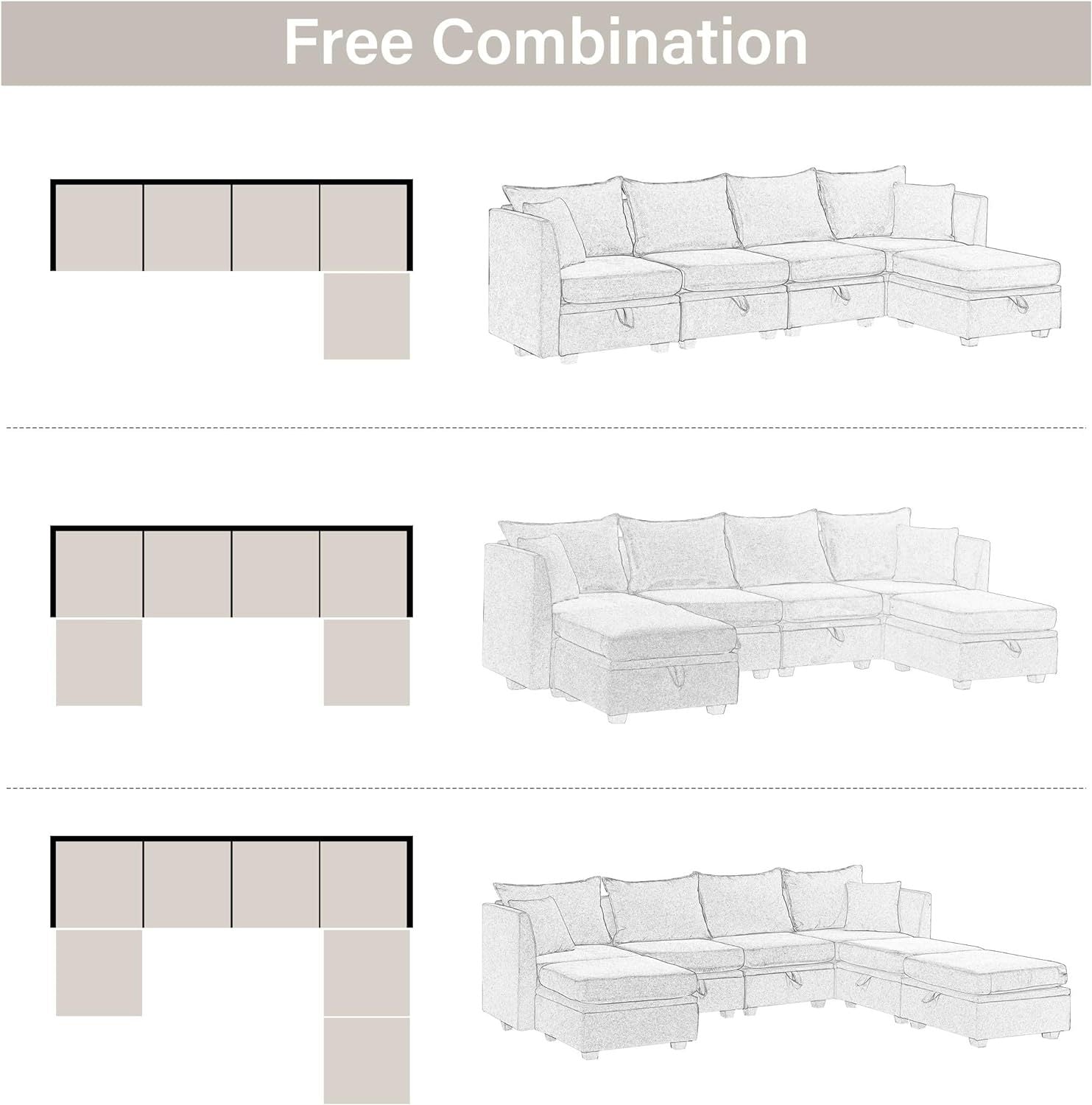 Modular Sectional Sofa, Convertible Sofa Couch With Storage, Sleeper Sectional Sofa Set, Flexible Modular Combinations Fabric Couch For Living Room Beige,6 Seat Sofa Beige Wood Soft Heavy Duty Fabric 6 Seat