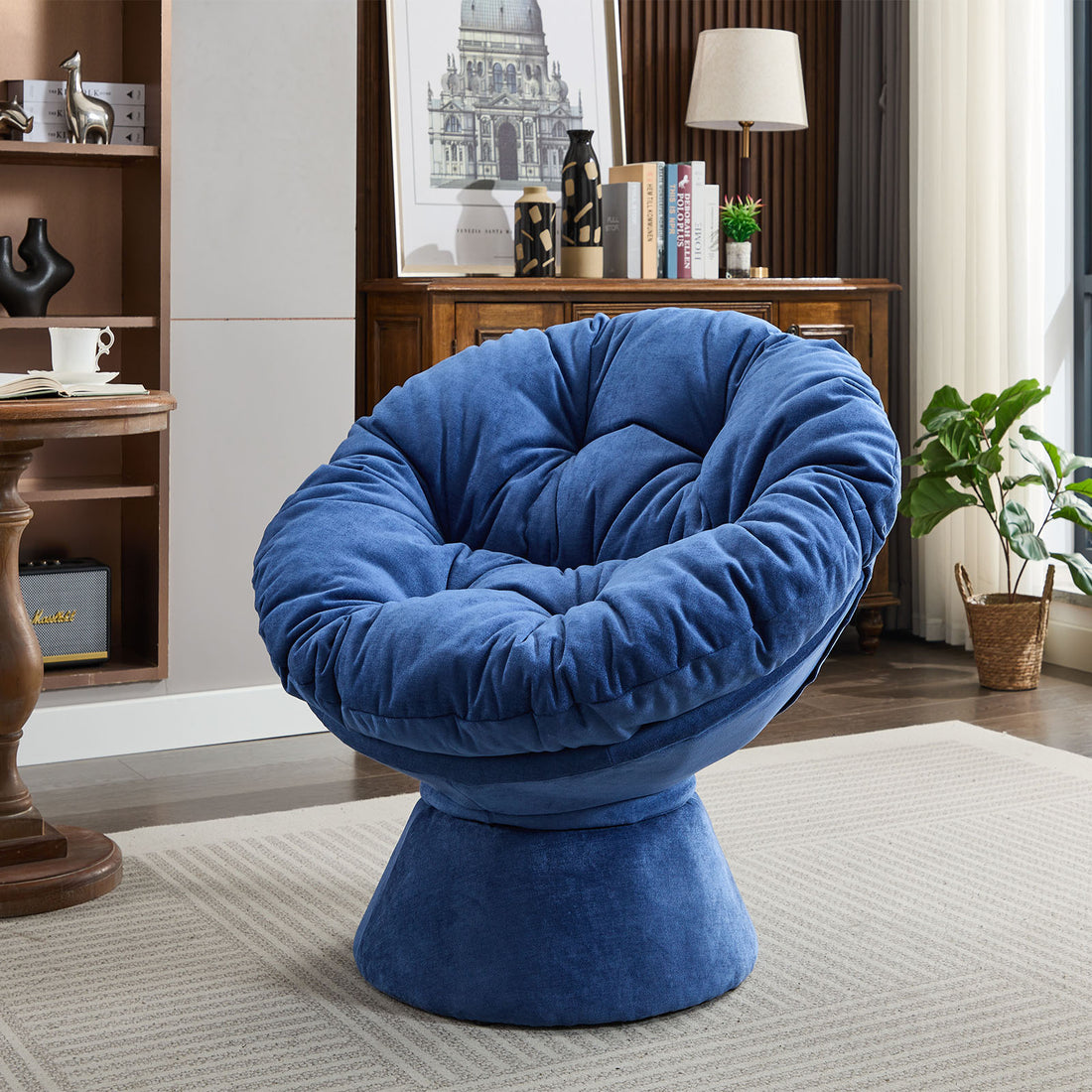 Oversized Swivel Accent Chair, 360 Swivel Barrel Chair, Papasan Chair For Living Room Bedroom Blue Chenille