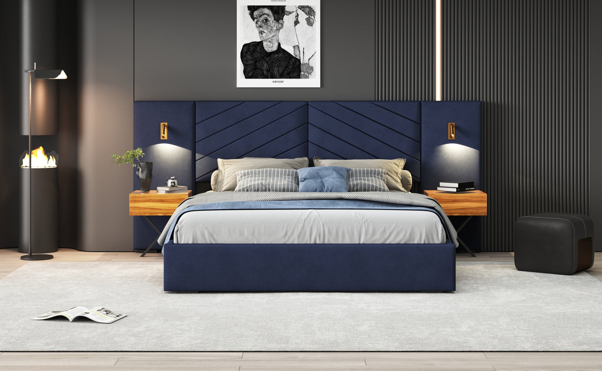 Queen Size Velvet Bed Frame Vertical Channel Tufted Wingback Headboard Upholstered Platform Bed Strong Wooden Slats No Box Spring Needed Easy Assemblyroyal Blue Queen Retro Blue Wood Light Brown Bedroom Modern Bed Frame Wood