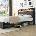 Full Bed Frame, Storage Headboard With Charging Station, Solid And Stable, Noise Free, No Box Spring Needed, Easy Assembly Full Black Brown Grey Mdf Metal