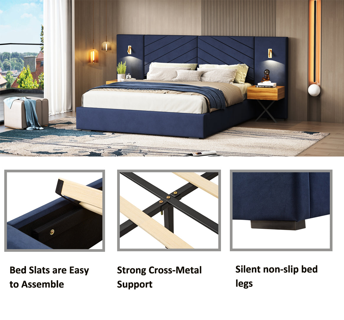 King Size Velvet Bed Frame Vertical Channel Tufted Wingback Headboard Upholstered Platform Bed Strong Wooden Slats No Box Spring Needed Easy Assemblyroyal Blue King Retro Blue Wood Light Brown Bedroom Modern Bed Frame Wood