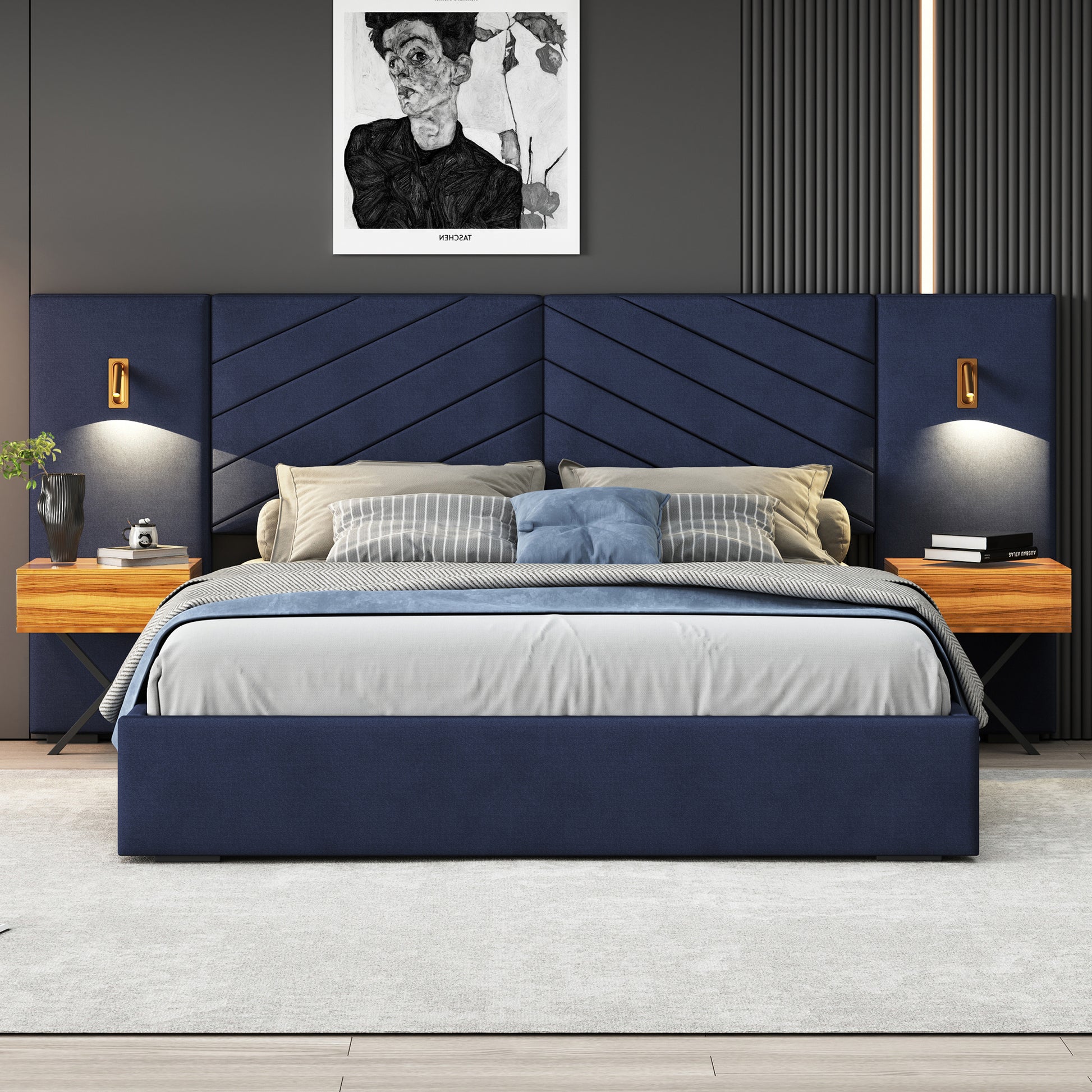 Queen Size Velvet Bed Frame Vertical Channel Tufted Wingback Headboard Upholstered Platform Bed Strong Wooden Slats No Box Spring Needed Easy Assemblyroyal Blue Queen Retro Blue Wood Light Brown Bedroom Modern Bed Frame Wood