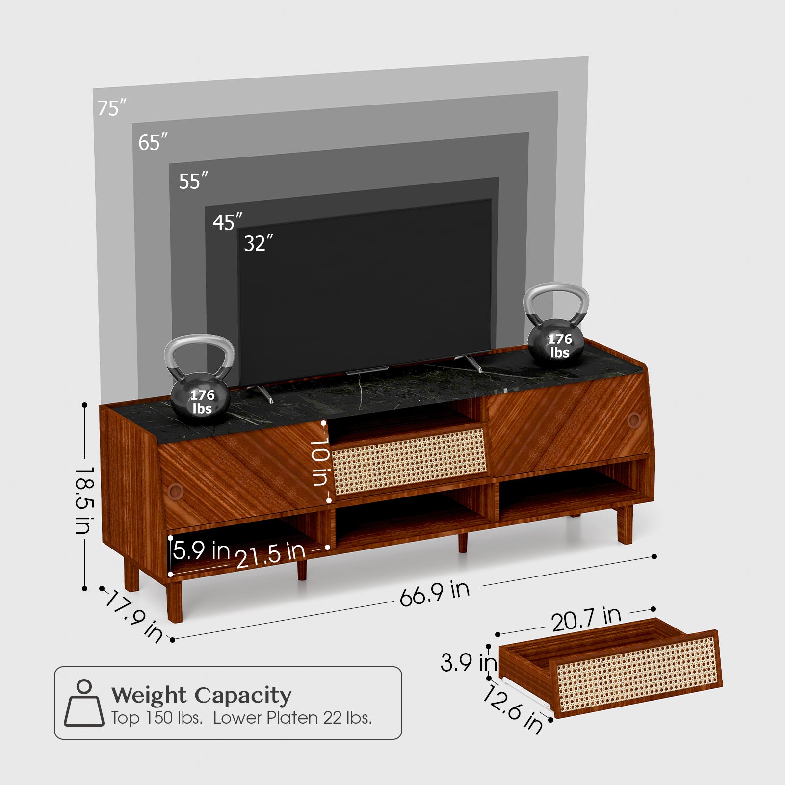 Tv Stand For 75 Inch Tv, Mid Century Modern Entertainment Center With Rattan Drawer,Storage Shelves, Large Boho Media Tv Console, 67 Inch Long Television Stand For Living Room Black Brown 70 79 Inches Solid Wood Mdf