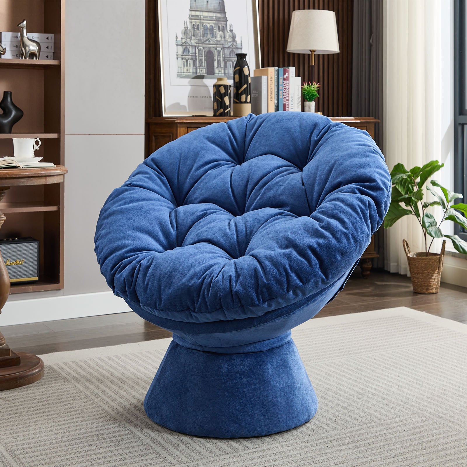 Oversized Swivel Accent Chair, 360 Swivel Barrel Chair, Papasan Chair For Living Room Bedroom Blue Chenille