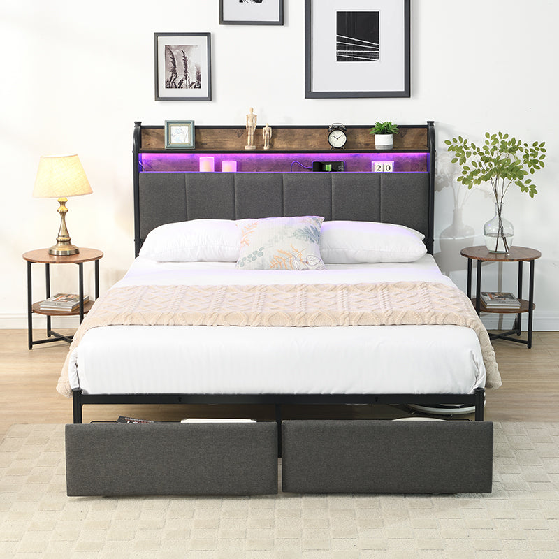 Full Bed Frame, Storage Headboard With Charging Station, Solid And Stable, Noise Free, No Box Spring Needed, Easy Assembly Full Black Brown Grey Mdf Metal