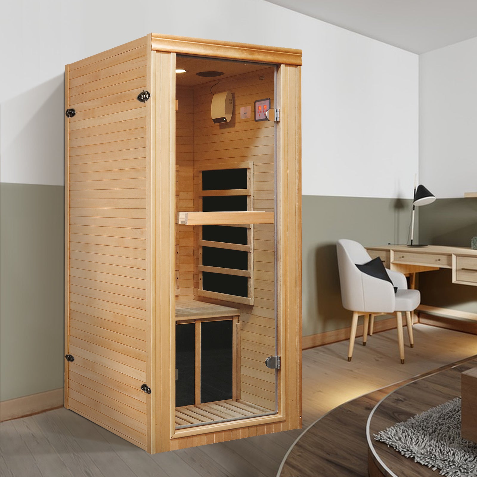 Single Person Far Infrared Sauna Room Natural Wood Paper Glass Metal