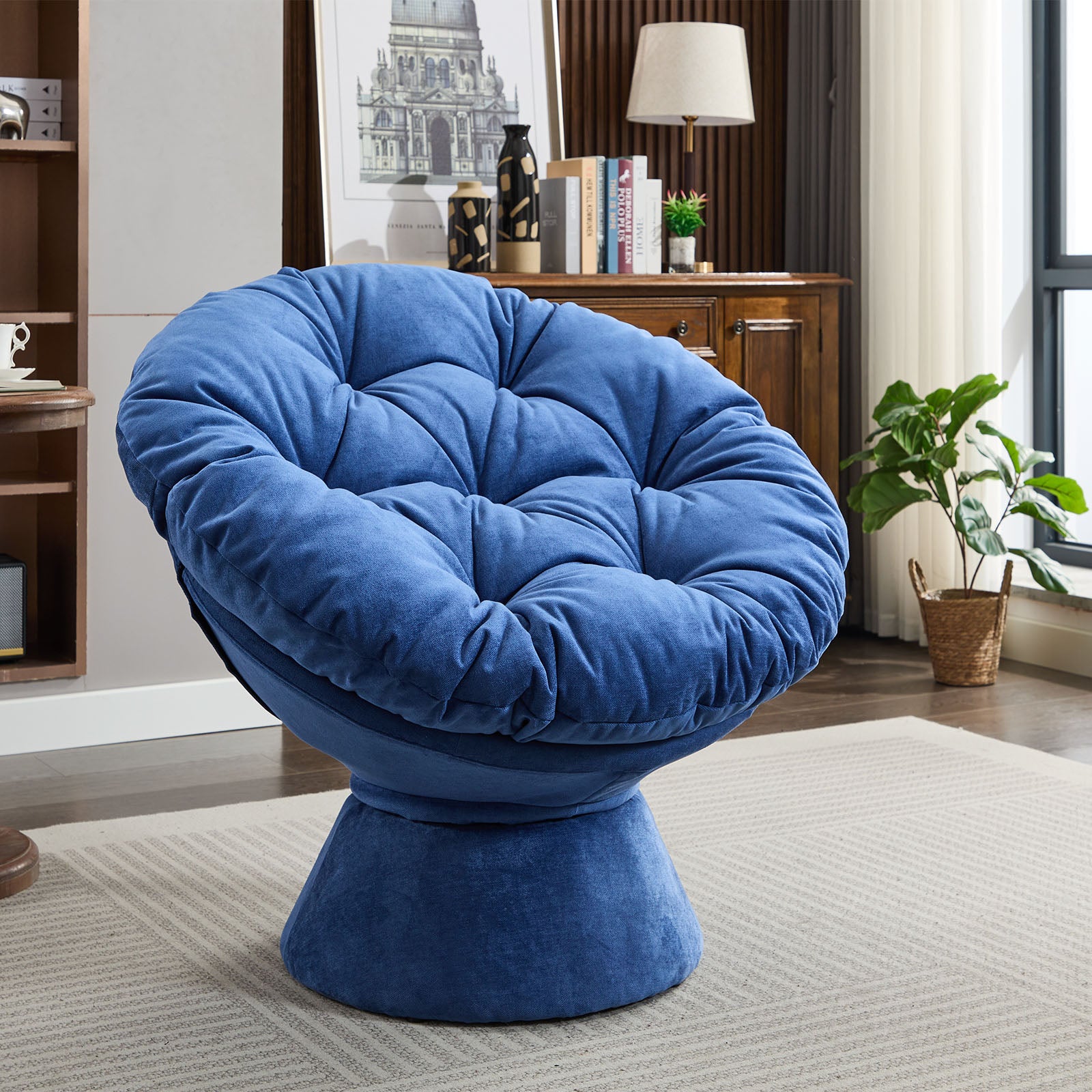 Oversized Swivel Accent Chair, 360 Swivel Barrel Chair, Papasan Chair For Living Room Bedroom Blue Chenille