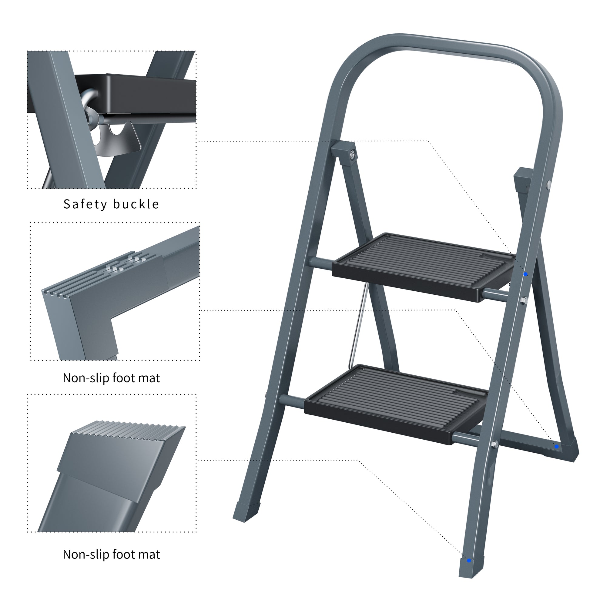 2 Step Ladder, Step Stool For Adults, Folding Step Stool With Wide Anti Slip Pedal, Sturdy Steel Ladder Gray Iron Plastic