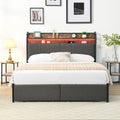 Full Bed Frame, Storage Headboard With Charging Station, Solid And Stable, Noise Free, No Box Spring Needed, Easy Assembly Full Black Brown Grey Mdf Metal