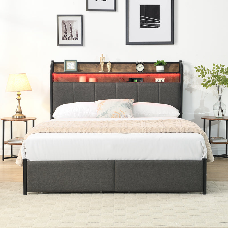 Queen Bed Frame, Storage Headboard With Charging Station, Solid And Stable, Noise Free, No Box Spring Needed, Easy Assembly Queen Black Brown Grey Mdf Metal