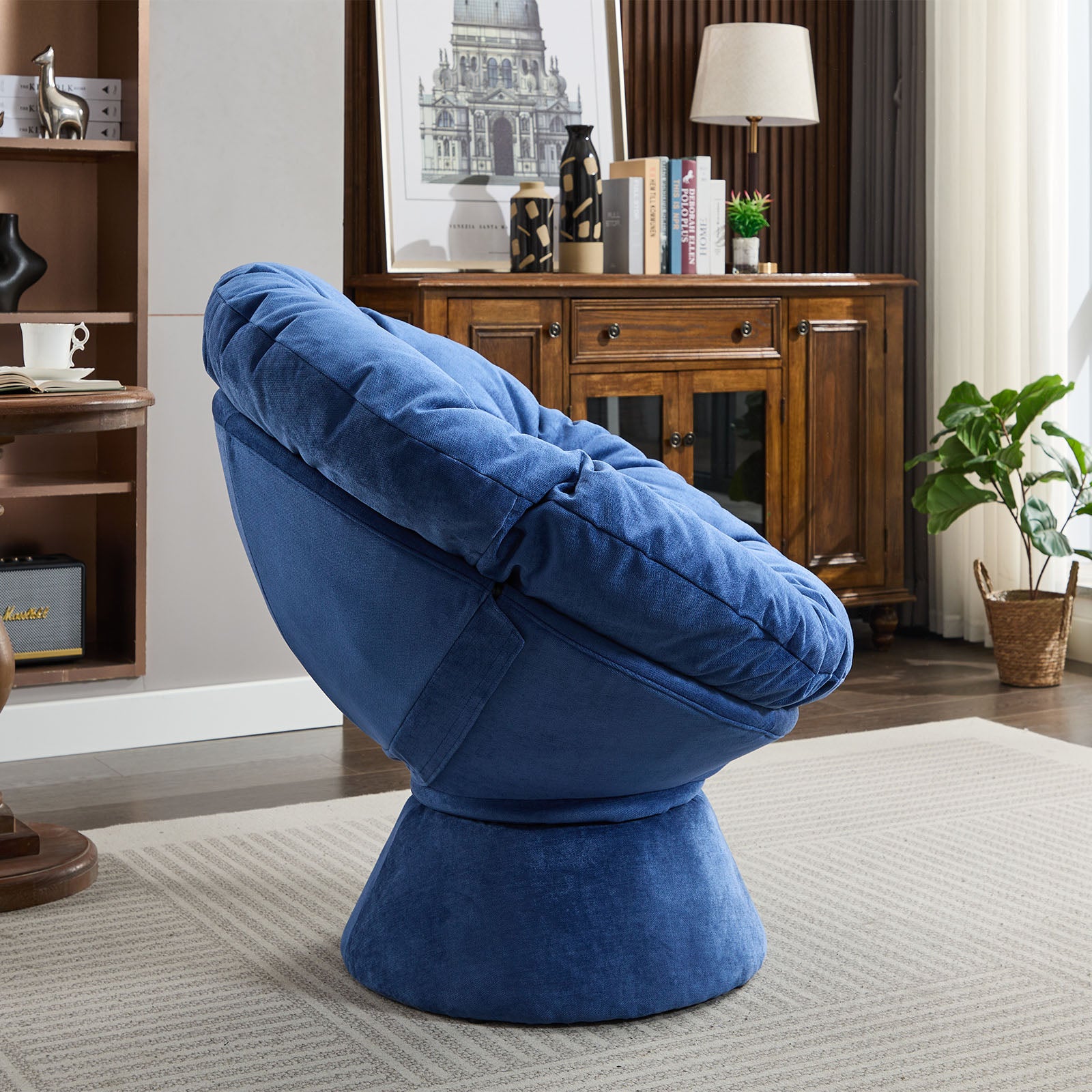 Oversized Swivel Accent Chair, 360 Swivel Barrel Chair, Papasan Chair For Living Room Bedroom Blue Chenille