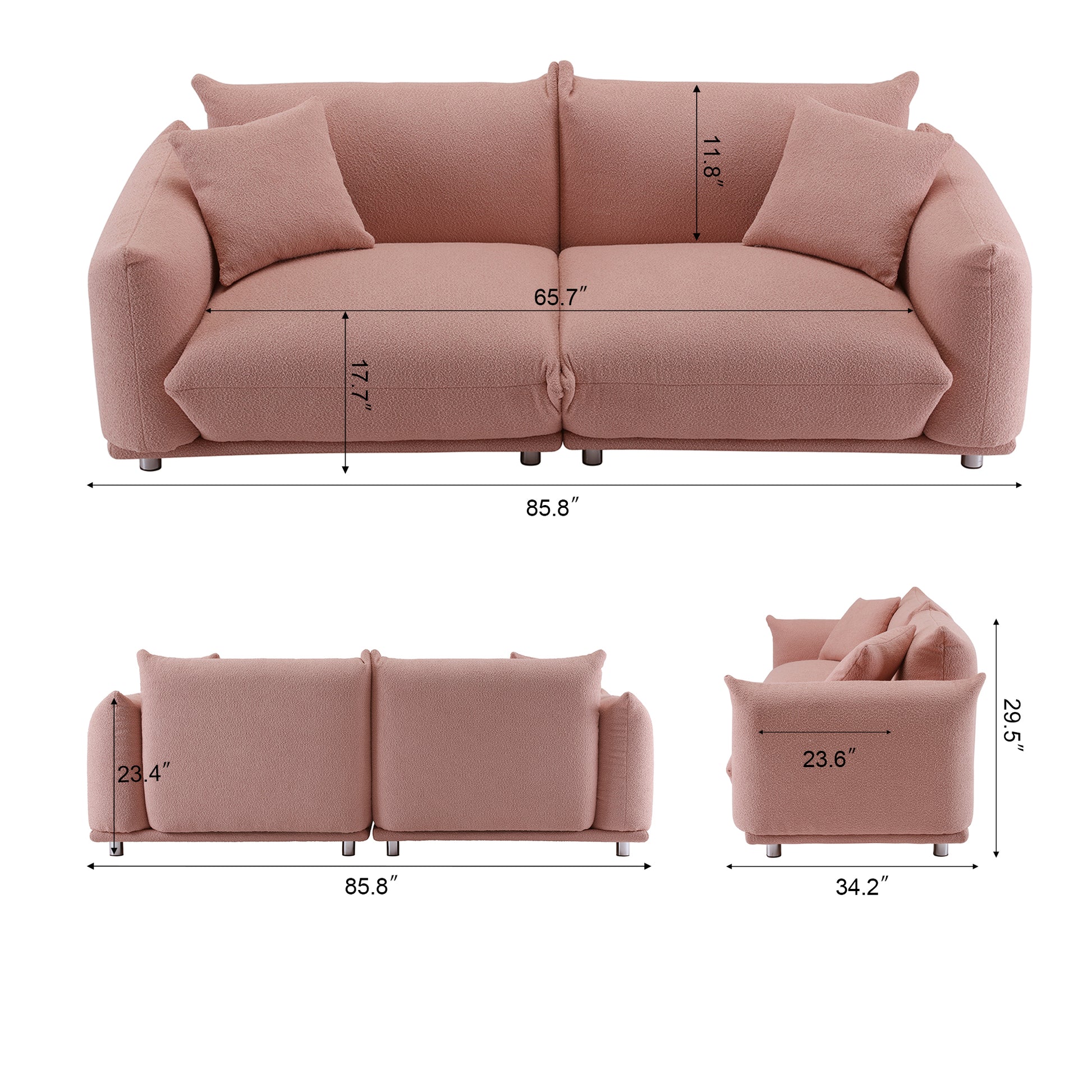 3 1 Oversized Loveseat Sofa For Living Room, Sherpa Sofa With Metal Legs, 3 Seater Sofa, Solid Wood Frame Couch With 2 Pillows, For Apartment Office Living Room Pink Pink Foam Fabric 4 Seat