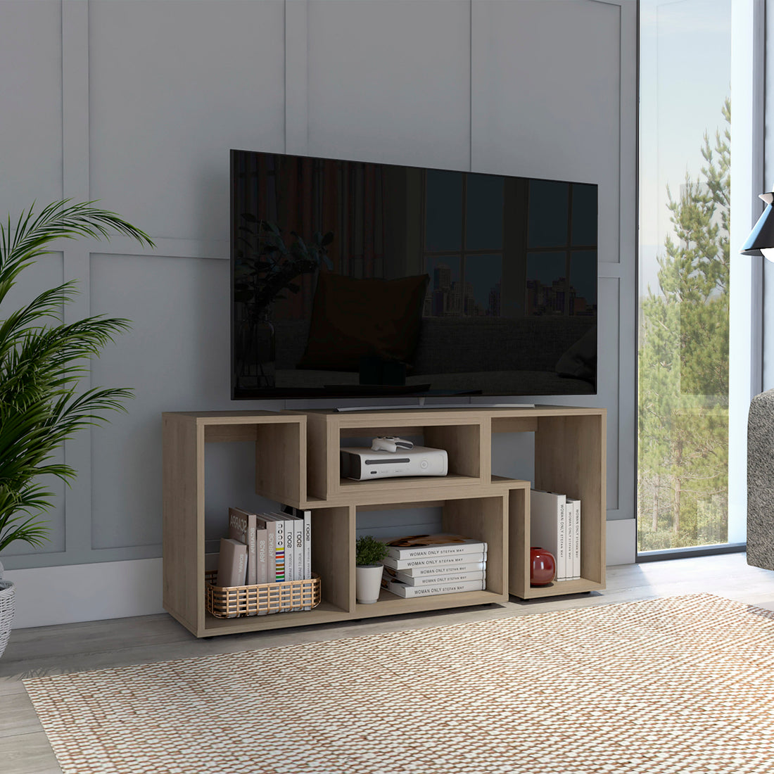 Being Extendable Tv Stand, Multiple Shelves Light Pine Beige Primary Living Space 50 59 Inches Particle Board Particle Board