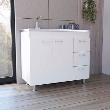 Ferretti Base Cabinetthree Drawers, Double Door, Four Legs White Freestanding 3 4 Drawers White Bedroom Shelves Included Modern Particle Board Particle Board