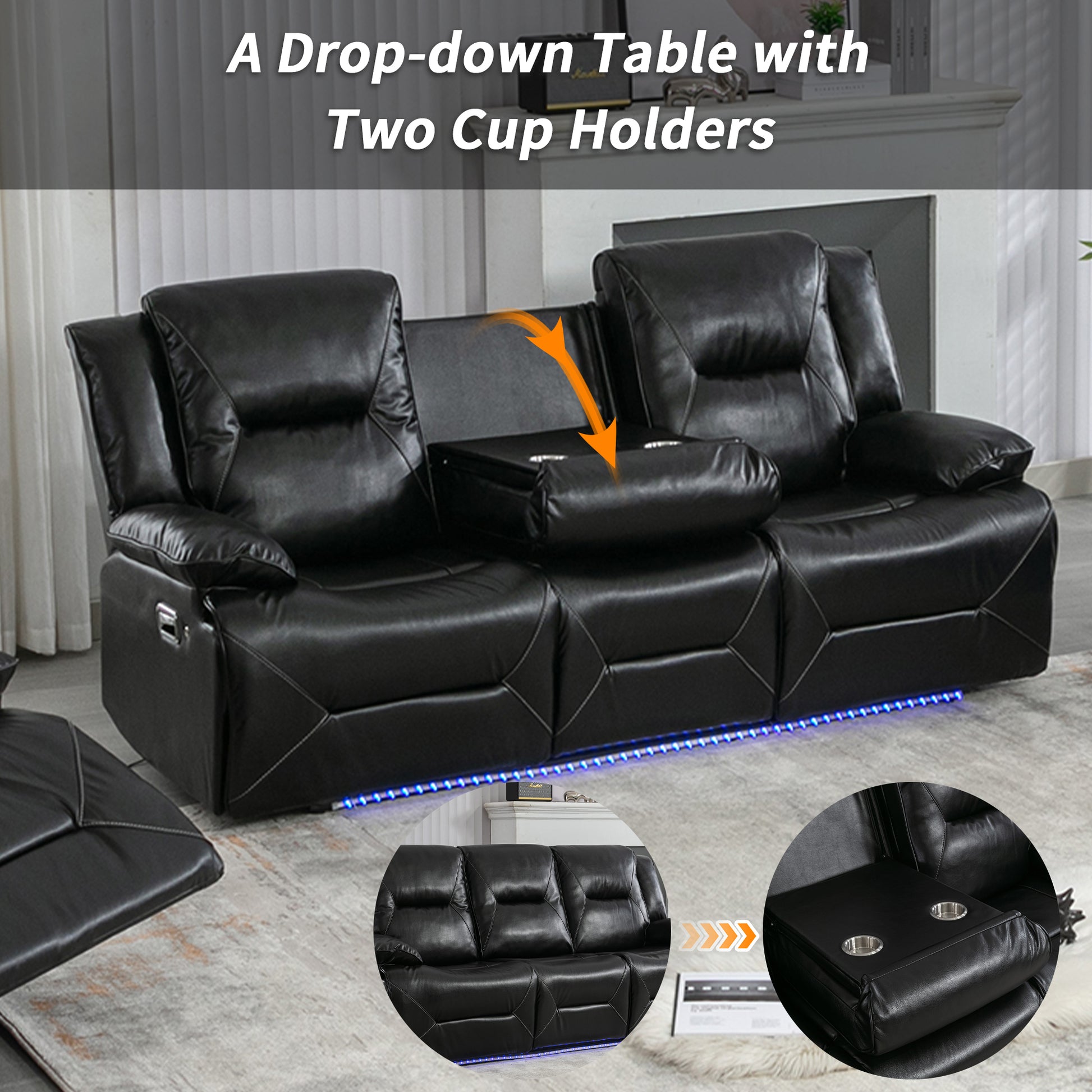 Home Theater Recliner Set Manual Recliner Chair With A Led Light Strip Two Built In Cup Holders For Living Room,Bedroom, Black Black Foam Pu