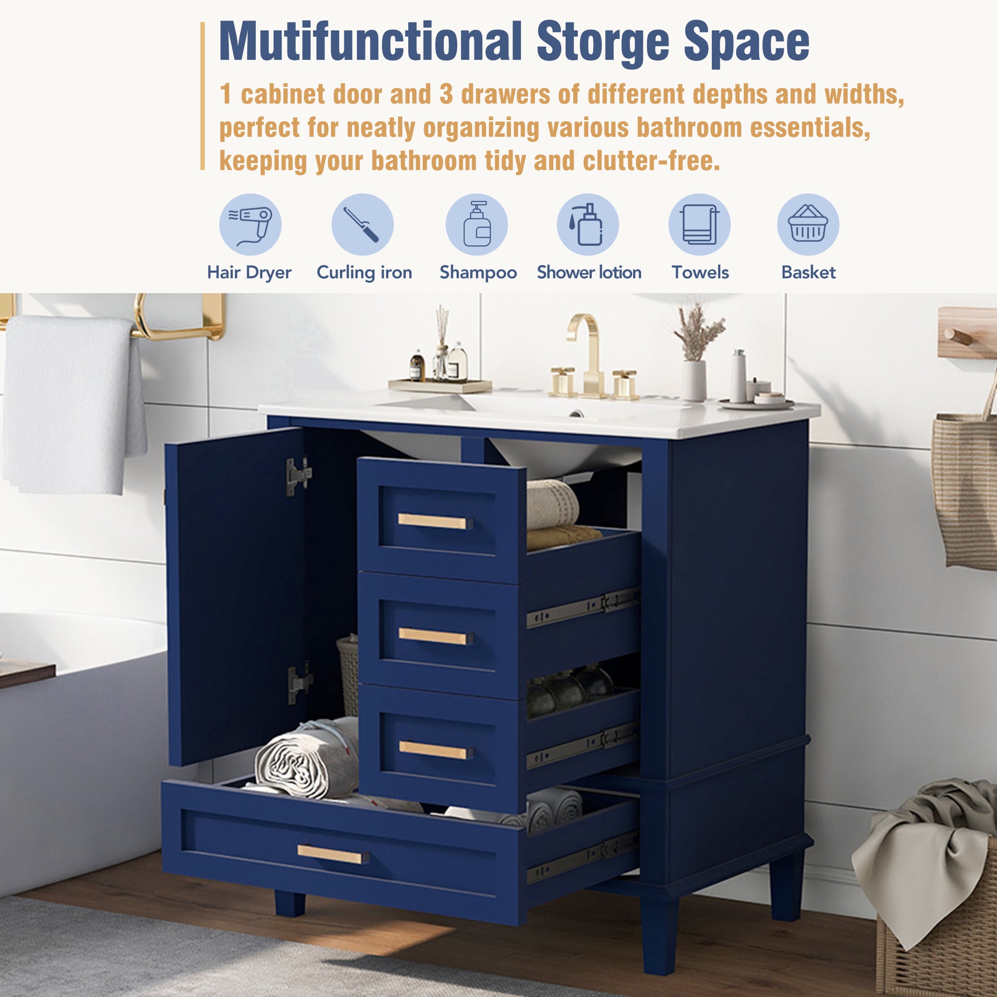 30" Bathroom Vanitymodern Bathroom Cabinet With Sink Combo Set, Bathroom Storage Cabinet With A Soft Closing Door And 3 Drawers, Solid Wood Frame Blue Blue Bathroom Solid Wood Mdf