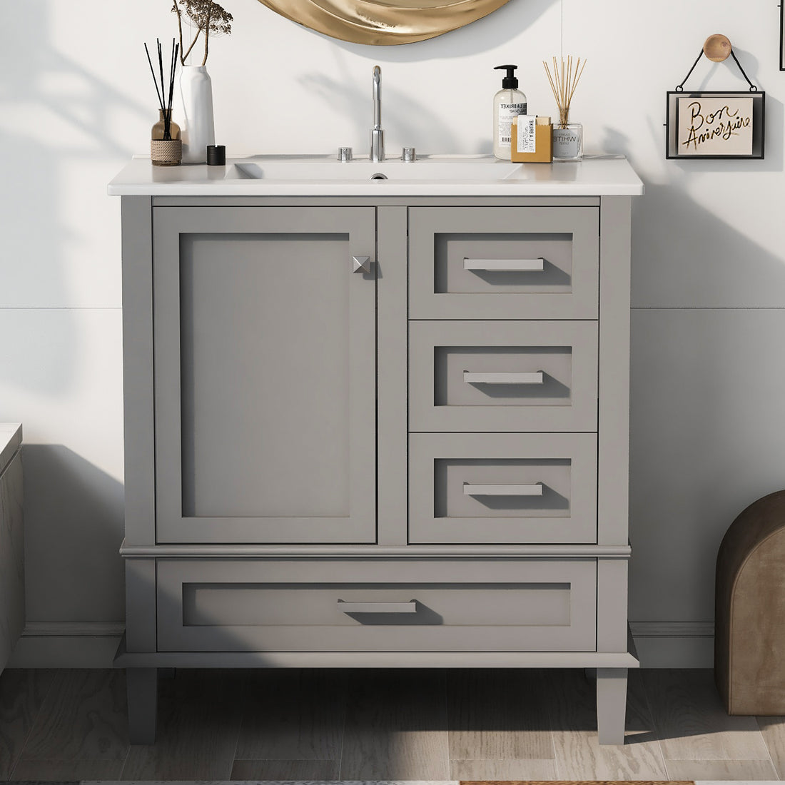 30" Bathroom Vanitymodern Bathroom Cabinet With Sink Combo Set, Bathroom Storage Cabinet With A Soft Closing Door And 3 Drawers, Solid Wood Frame Grey Grey Bathroom Solid Wood Mdf