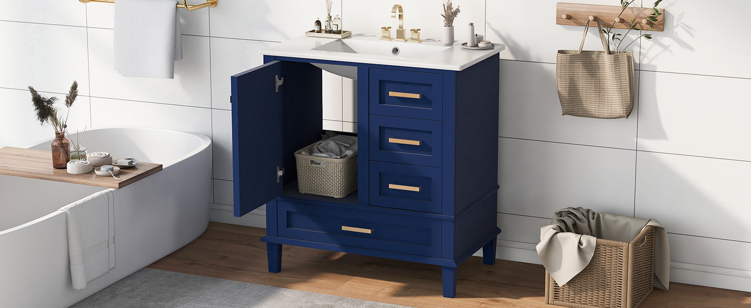 30" Bathroom Vanitymodern Bathroom Cabinet With Sink Combo Set, Bathroom Storage Cabinet With A Soft Closing Door And 3 Drawers, Solid Wood Frame Blue Blue Bathroom Solid Wood Mdf