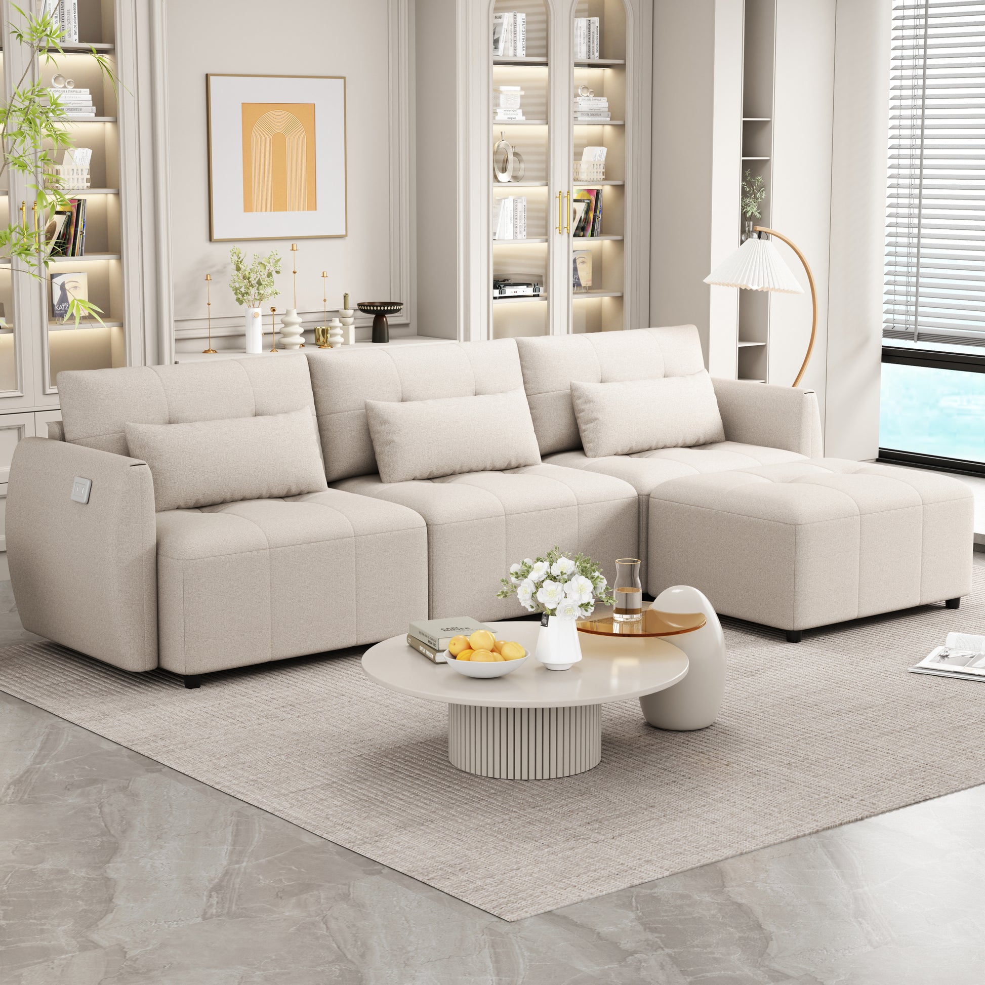 113.3" Convertible Sectional Sofa Couch 3 Seat L Shaped Sofa With Movable Ottoman And Usb For Apartment, Living Room, Bedroom, Beige Beige Chenille 3 Seat