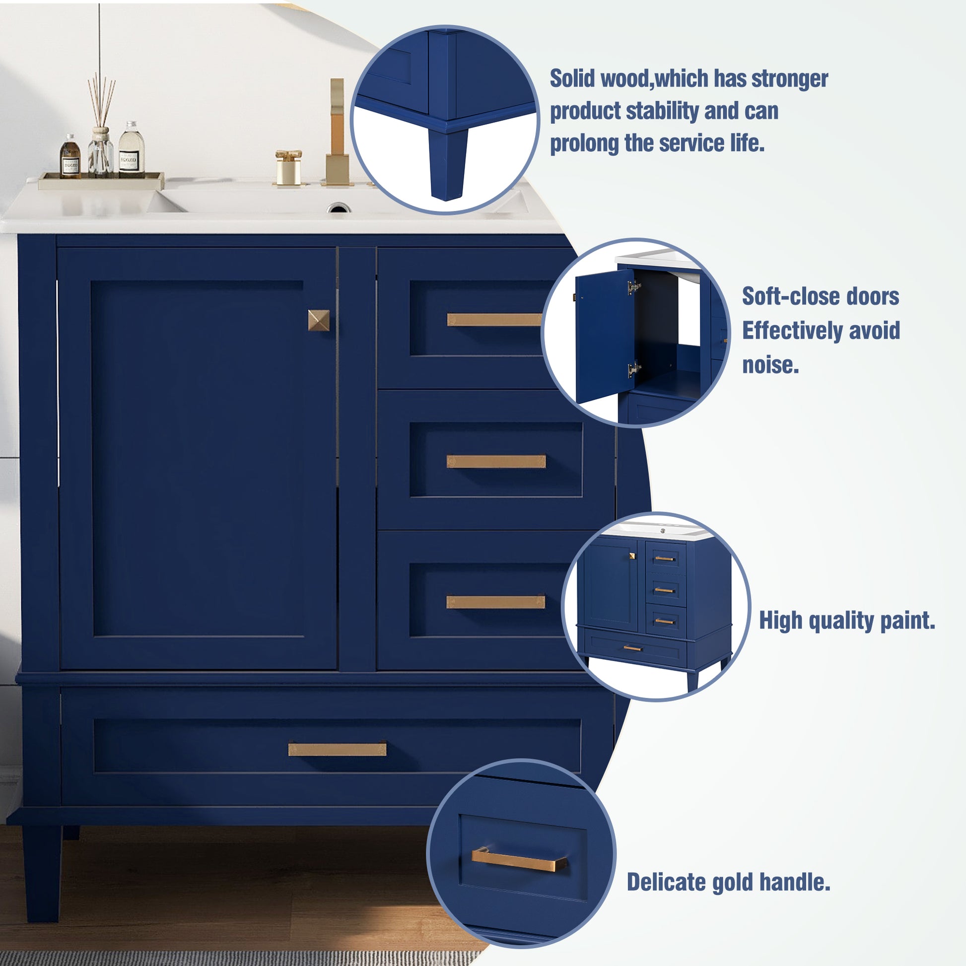 30" Bathroom Vanitymodern Bathroom Cabinet With Sink Combo Set, Bathroom Storage Cabinet With A Soft Closing Door And 3 Drawers, Solid Wood Frame Blue Blue Bathroom Solid Wood Mdf