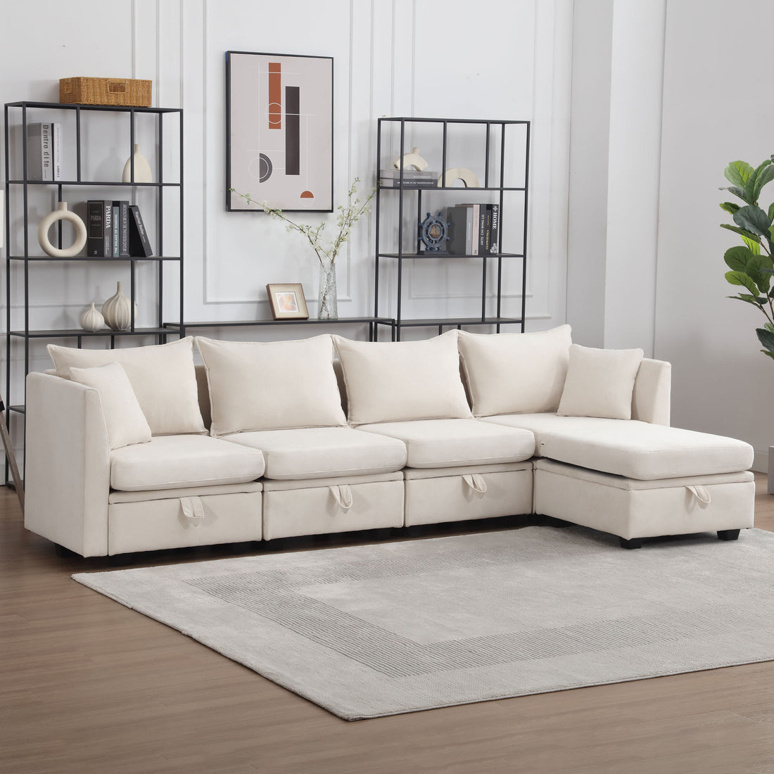 Modular Sectional Sofa, Convertible Sofa Couch With Storage, Sleeper Sectional Sofa Set, Flexible Modular Combinations Fabric Couch For Living Room Beige,5 Seat Sofa Beige Wood Soft Heavy Duty Fabric 5 Seat