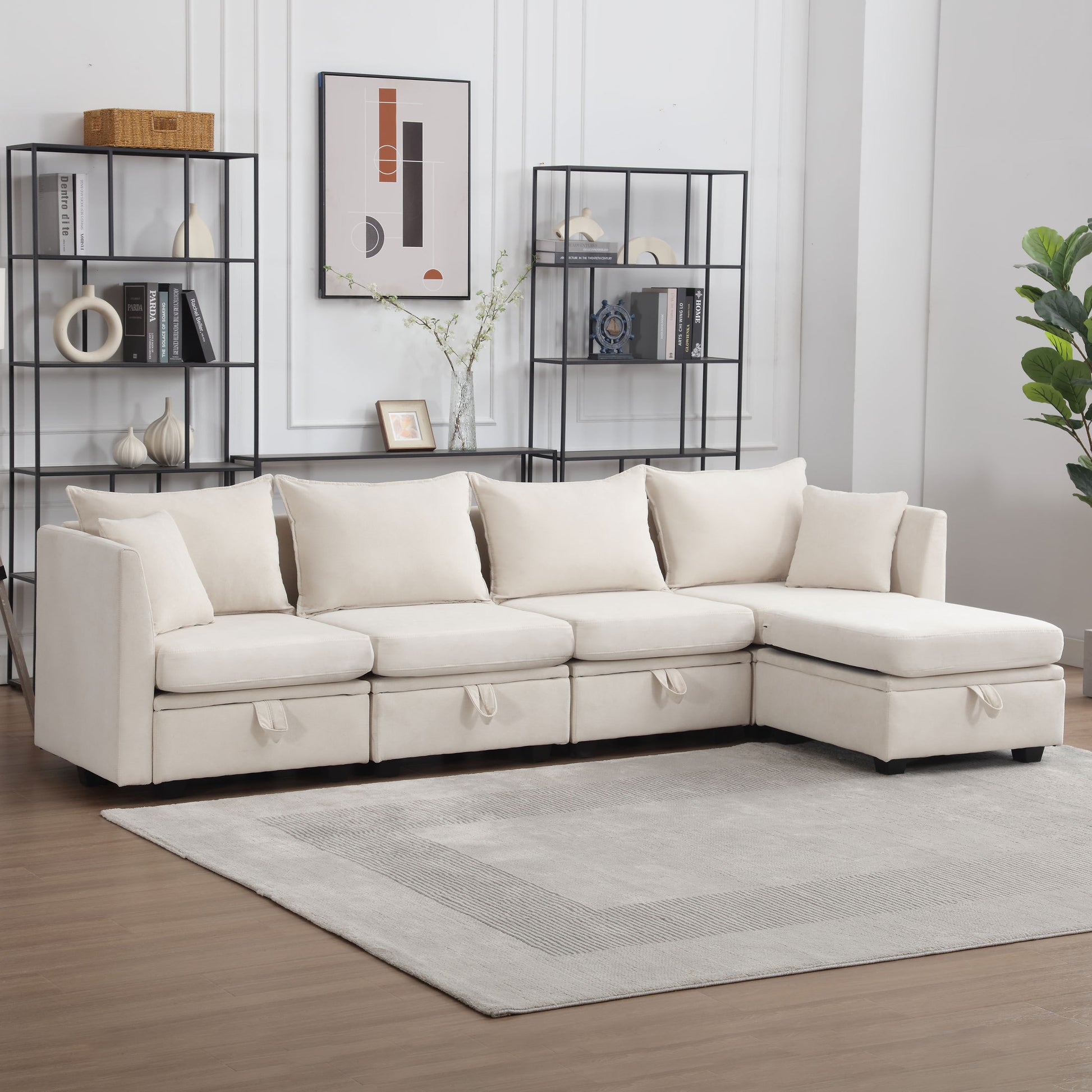 Modular Sectional Sofa, Convertible Sofa Couch With Storage, Sleeper Sectional Sofa Set, Flexible Modular Combinations Fabric Couch For Living Room Beige,5 Seat Sofa Beige Wood Soft Heavy Duty Fabric 5 Seat