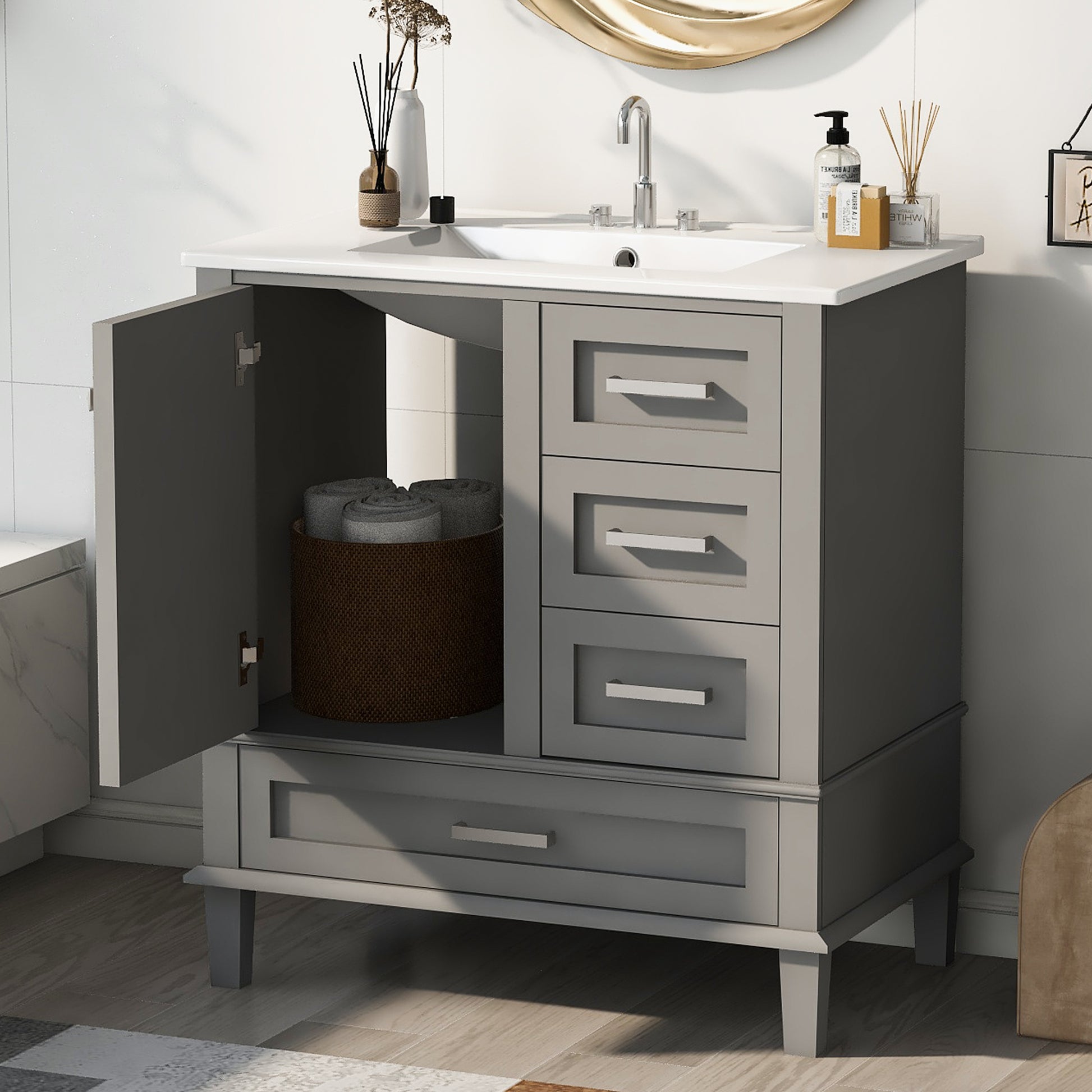 30" Bathroom Vanitymodern Bathroom Cabinet With Sink Combo Set, Bathroom Storage Cabinet With A Soft Closing Door And 3 Drawers, Solid Wood Frame Grey Grey Bathroom Solid Wood Mdf