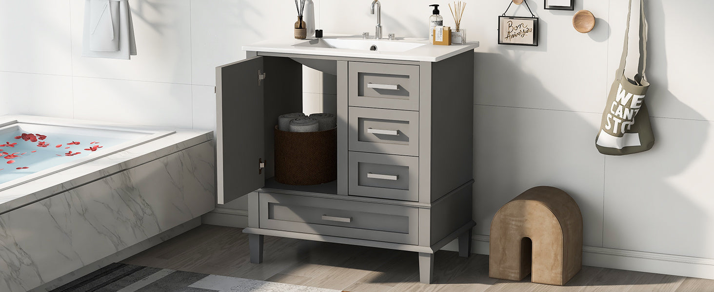 30" Bathroom Vanitymodern Bathroom Cabinet With Sink Combo Set, Bathroom Storage Cabinet With A Soft Closing Door And 3 Drawers, Solid Wood Frame Grey Grey Bathroom Solid Wood Mdf