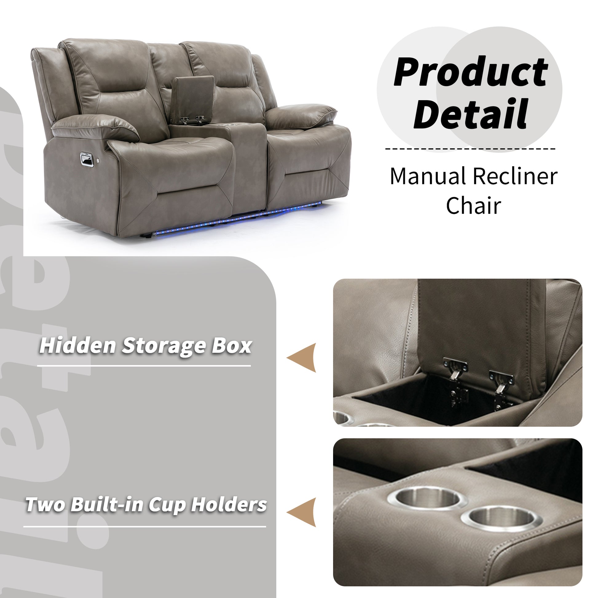 Home Theater Recliner Set Manual Recliner Chair With A Led Light Strip Two Built In Cup Holders For Living Room,Bedroom, Grey Grey Foam Pu