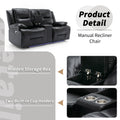 2 Seater Home Theater Recliner Manual Recliner Chair With A Led Light Strip Two Cup Holders And A Storage Box For Living Room,Bedroom, Black Black Foam Pu