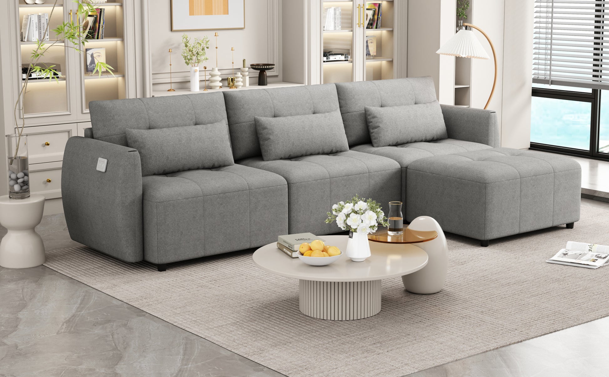 113.3" Convertible Sectional Sofa Couch 3 Seat L Shaped Sofa With Movable Ottoman And Usb For Apartment, Living Room, Bedroom, Grey Grey Chenille 3 Seat