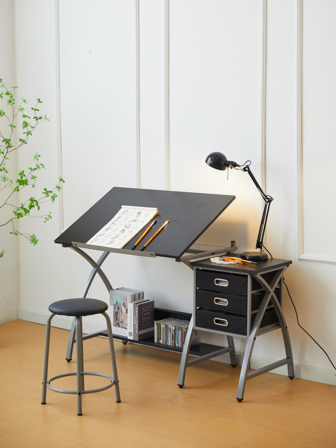 Drafting Table Sliver With Stool Silver Grey Mdf Metal