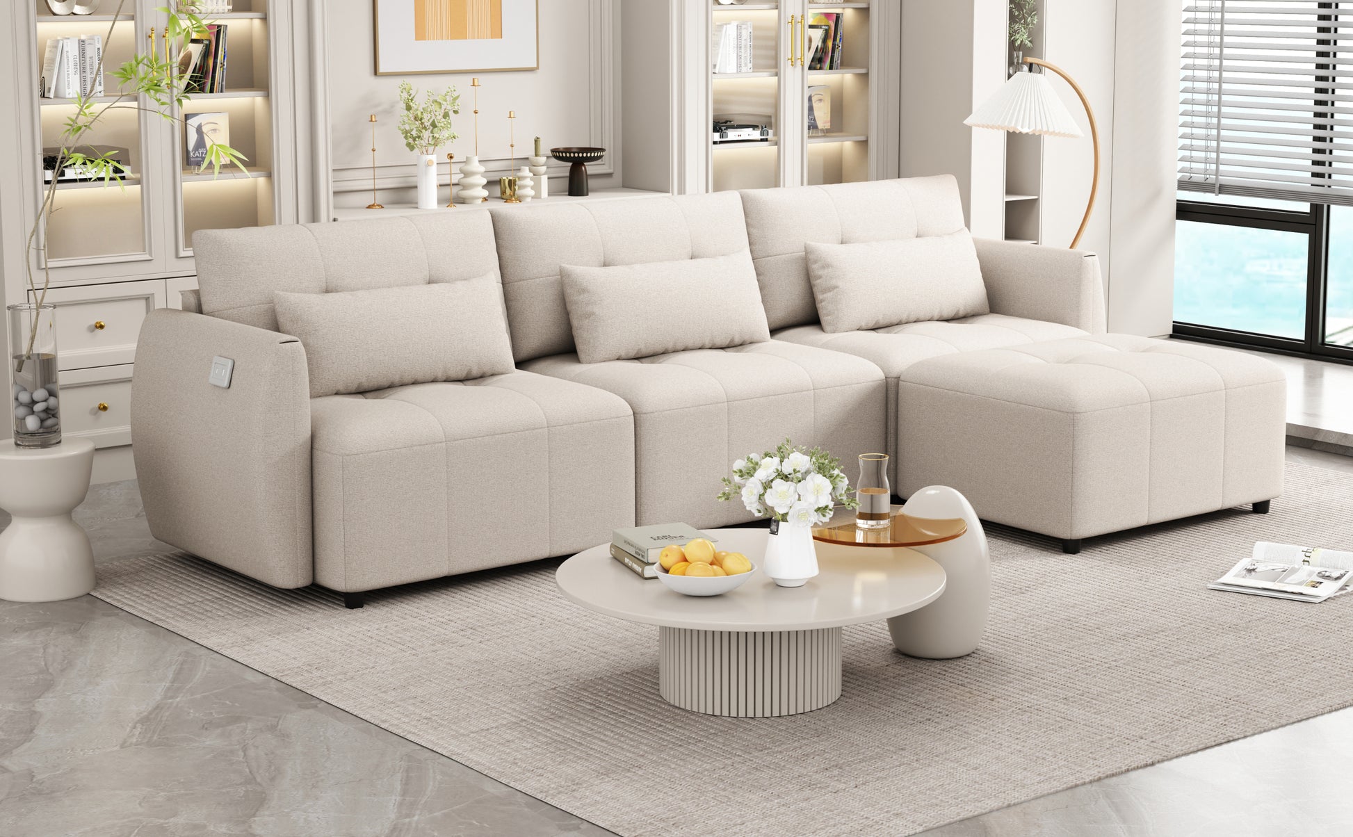 113.3" Convertible Sectional Sofa Couch 3 Seat L Shaped Sofa With Movable Ottoman And Usb For Apartment, Living Room, Bedroom, Beige Beige Chenille 3 Seat