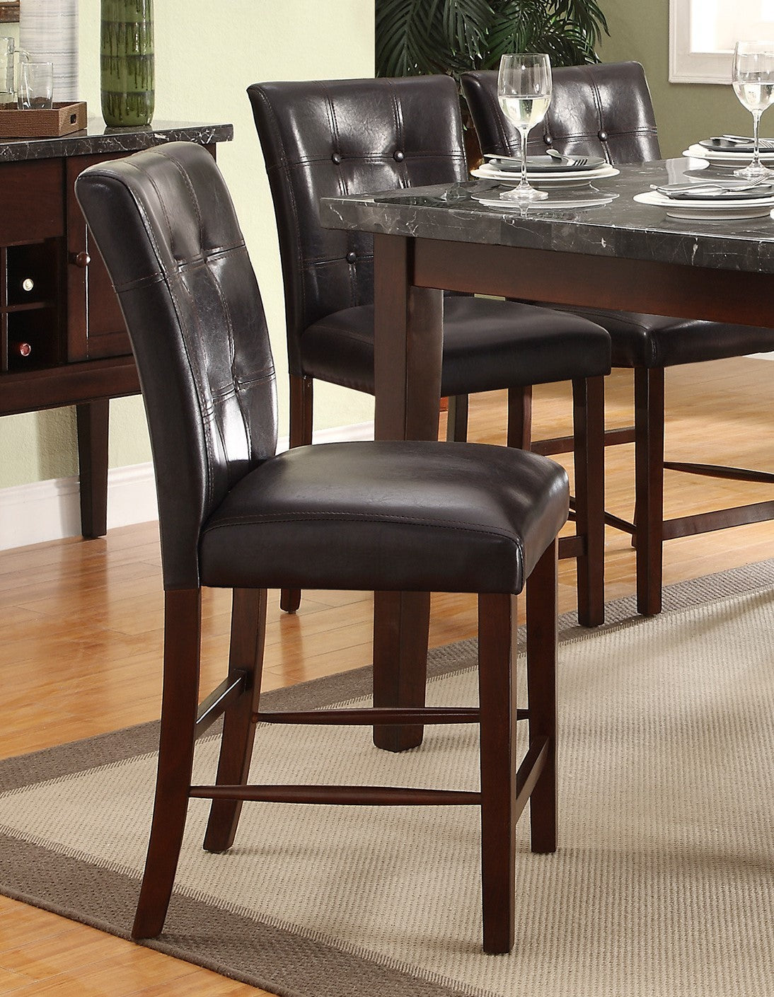 Dark Cherry Finish 7Pc Counter Height Set Marble Top Table With 6 Counter Height Chairs Dark Brown Faux Leather Upholstered Dining Kitchen Wooden Furniture Set Wood Marble Dark Brown Seats 6 Wood Dining Room Classic,Transitional 4 Leg Square Dining Table