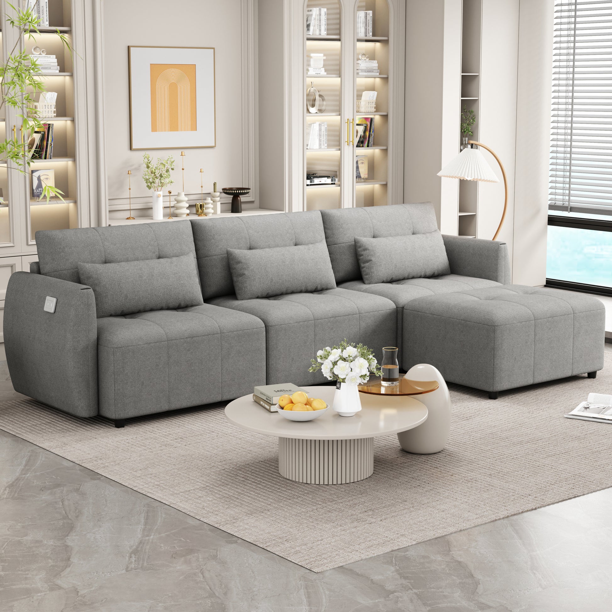 113.3" Convertible Sectional Sofa Couch 3 Seat L Shaped Sofa With Movable Ottoman And Usb For Apartment, Living Room, Bedroom, Grey Grey Chenille 3 Seat