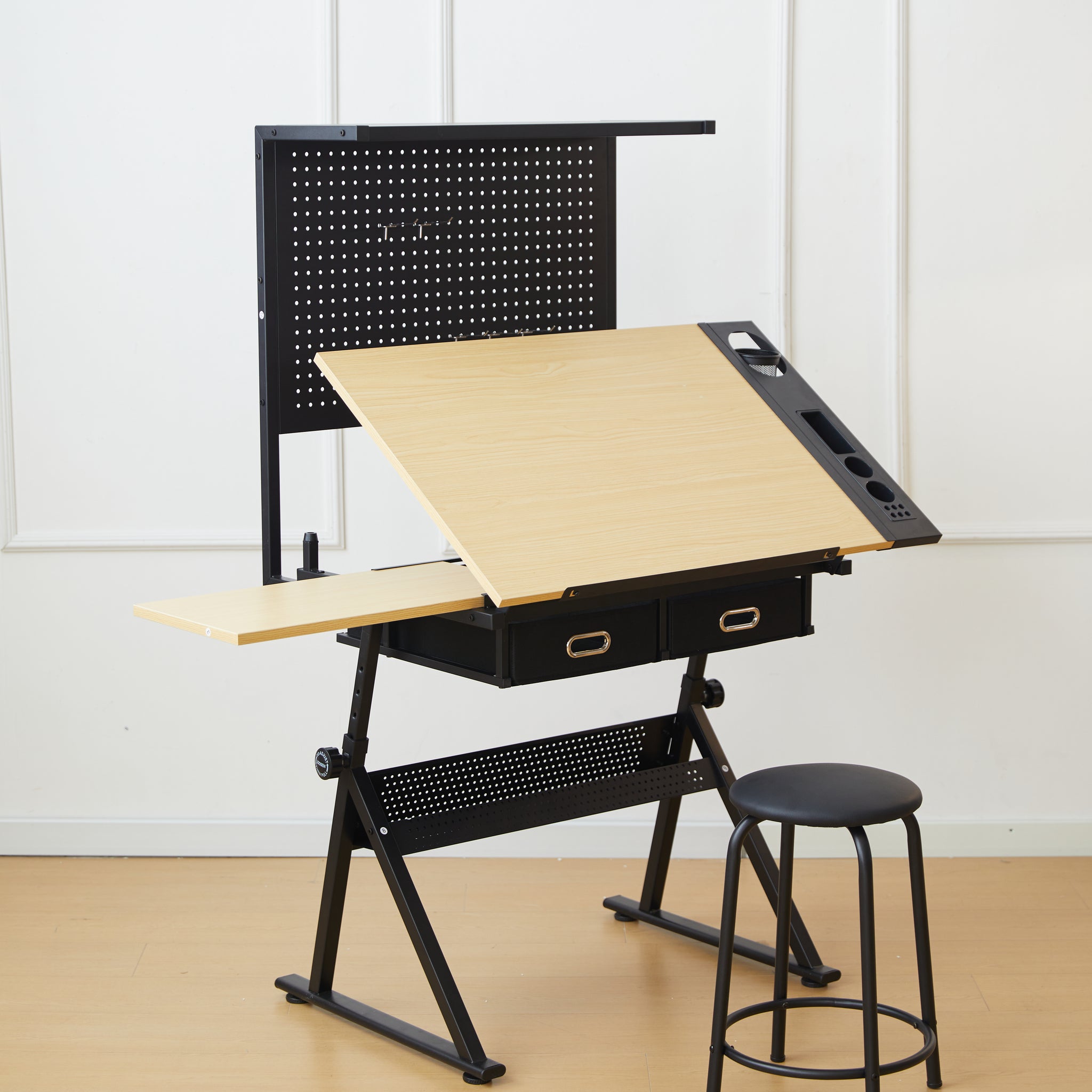 Drafting Table With Metal Perforated Board Pannel Black Brown Mdf Metal