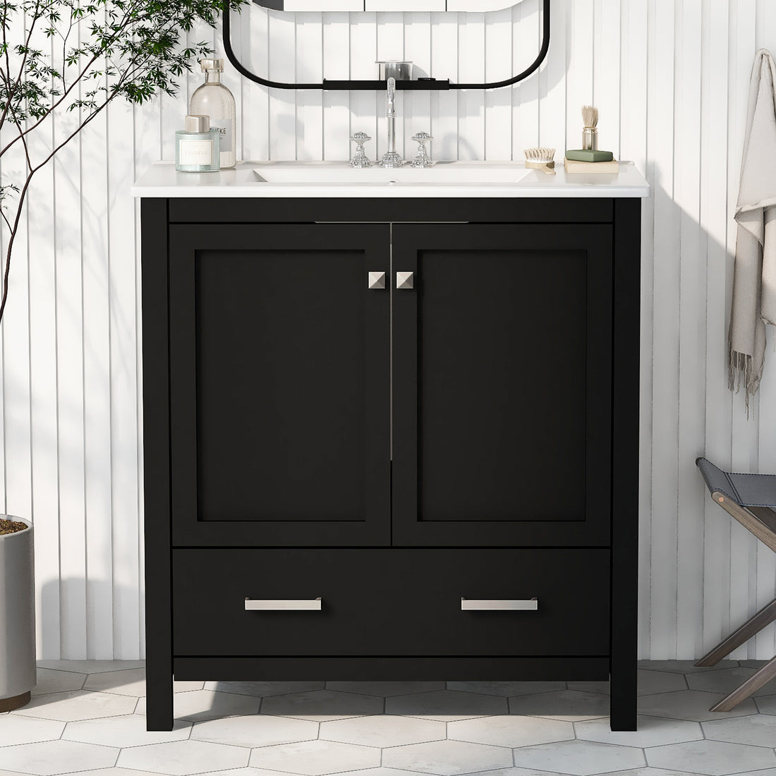 30" Black Bathroom Vanity With Single Sink, Combo Cabinet Undermount Sink, Bathroom Storage Cabinet With 2 Doors And A Drawer, Soft Closing, Multifunctional Storage, Solid Wood Frame Black Bathroom Solid Wood Mdf