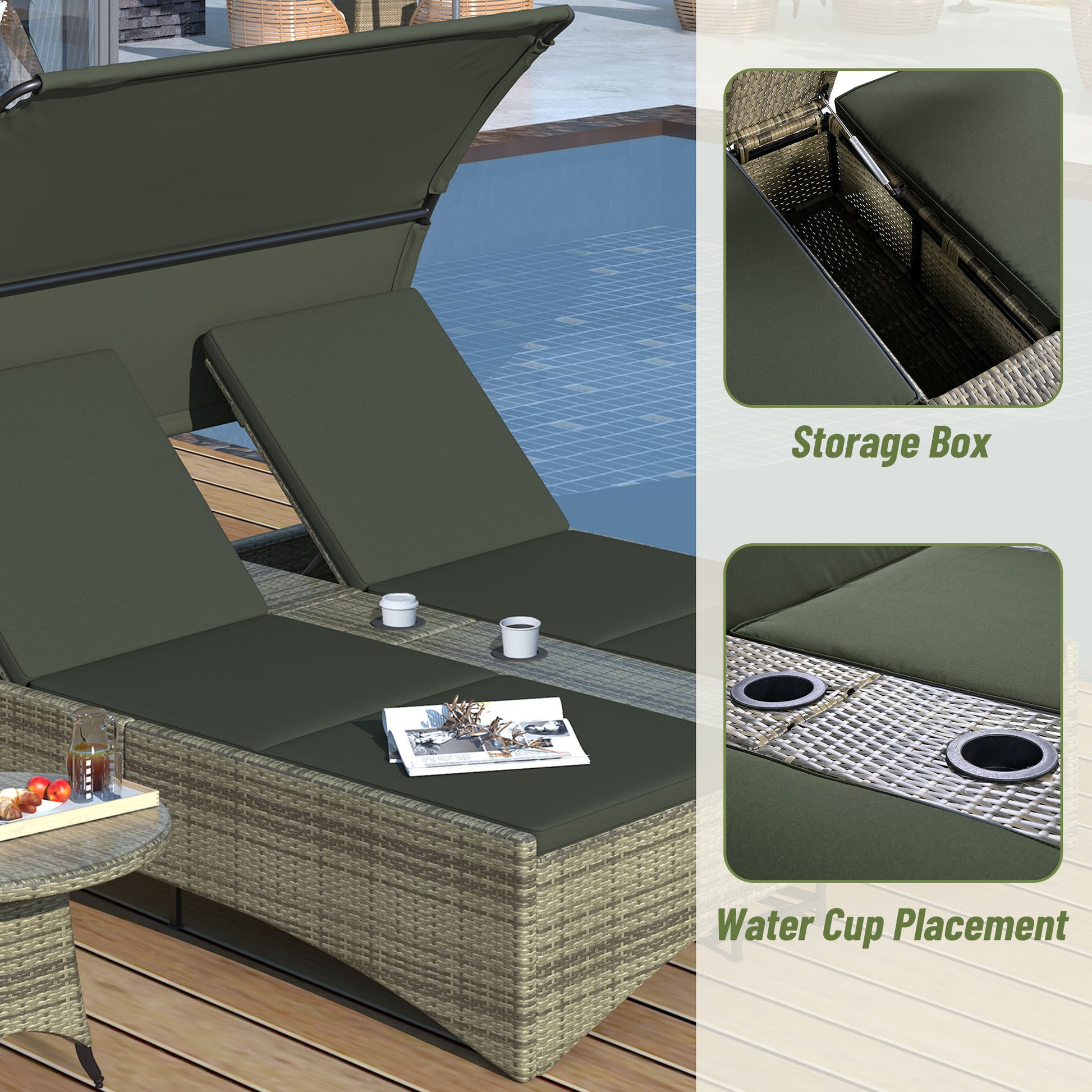Patio Daybed Outdoor Daybed Outdoor Rattan Sun Lounger With Shelter Roof With Adjustable Backrest, Storage Box And 2 Cup Holders For Patio, Balcony, Poolside,Grey Yes Grey Seats 2 Water Resistant Frame Water Resistant Cushion Garden & Outdoor Sectional