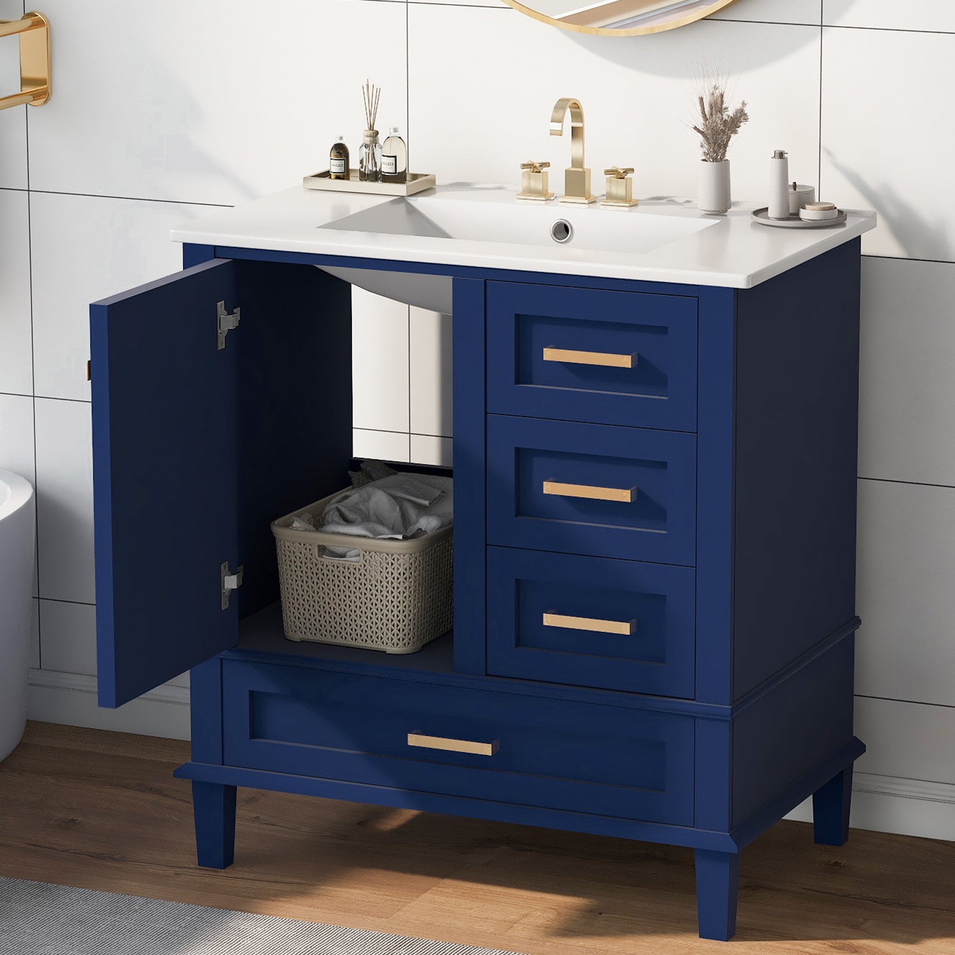 30" Bathroom Vanitymodern Bathroom Cabinet With Sink Combo Set, Bathroom Storage Cabinet With A Soft Closing Door And 3 Drawers, Solid Wood Frame Blue Blue Bathroom Solid Wood Mdf