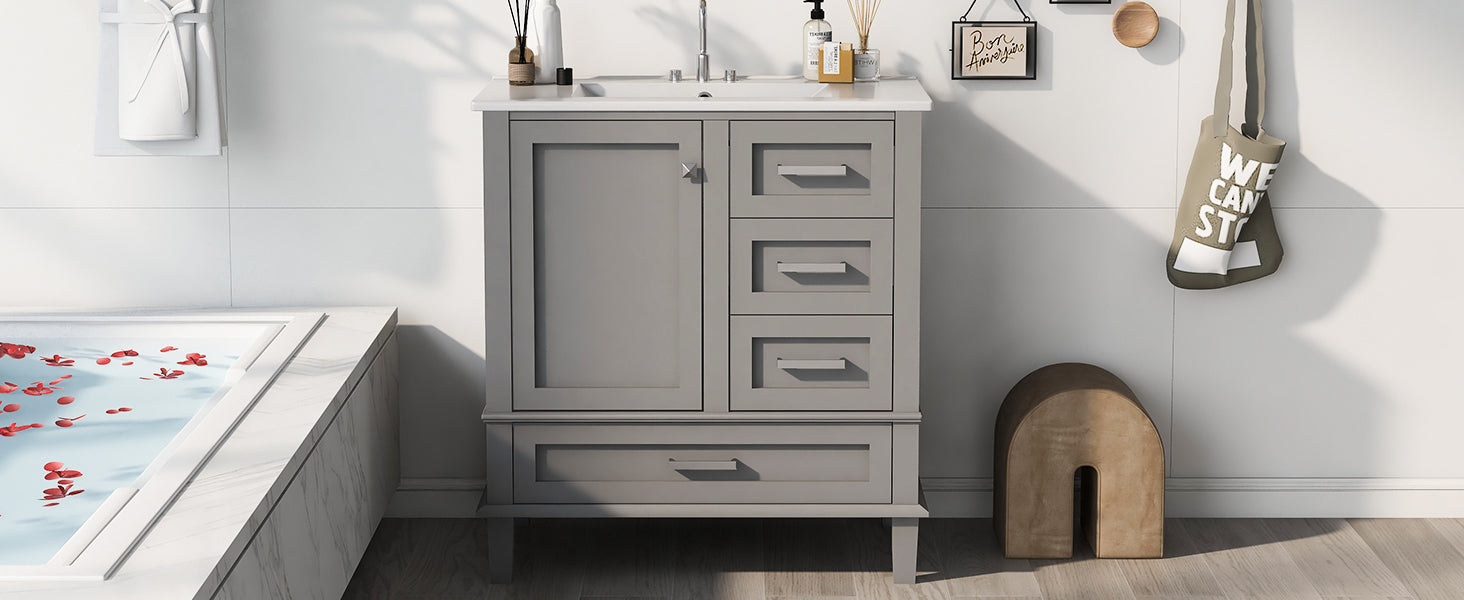 30" Bathroom Vanitymodern Bathroom Cabinet With Sink Combo Set, Bathroom Storage Cabinet With A Soft Closing Door And 3 Drawers, Solid Wood Frame Grey Grey Bathroom Solid Wood Mdf