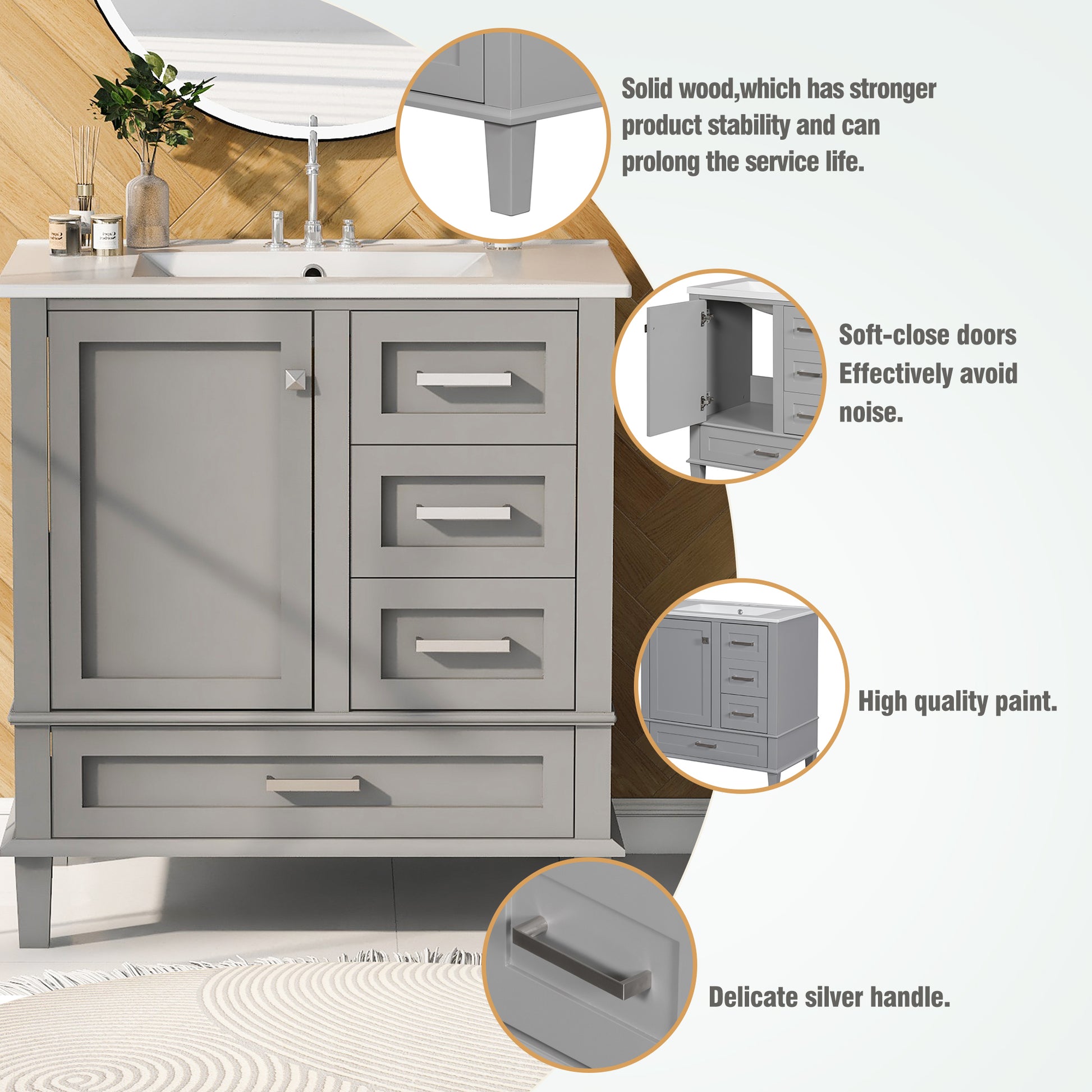 30" Bathroom Vanitymodern Bathroom Cabinet With Sink Combo Set, Bathroom Storage Cabinet With A Soft Closing Door And 3 Drawers, Solid Wood Frame Grey Grey Bathroom Solid Wood Mdf