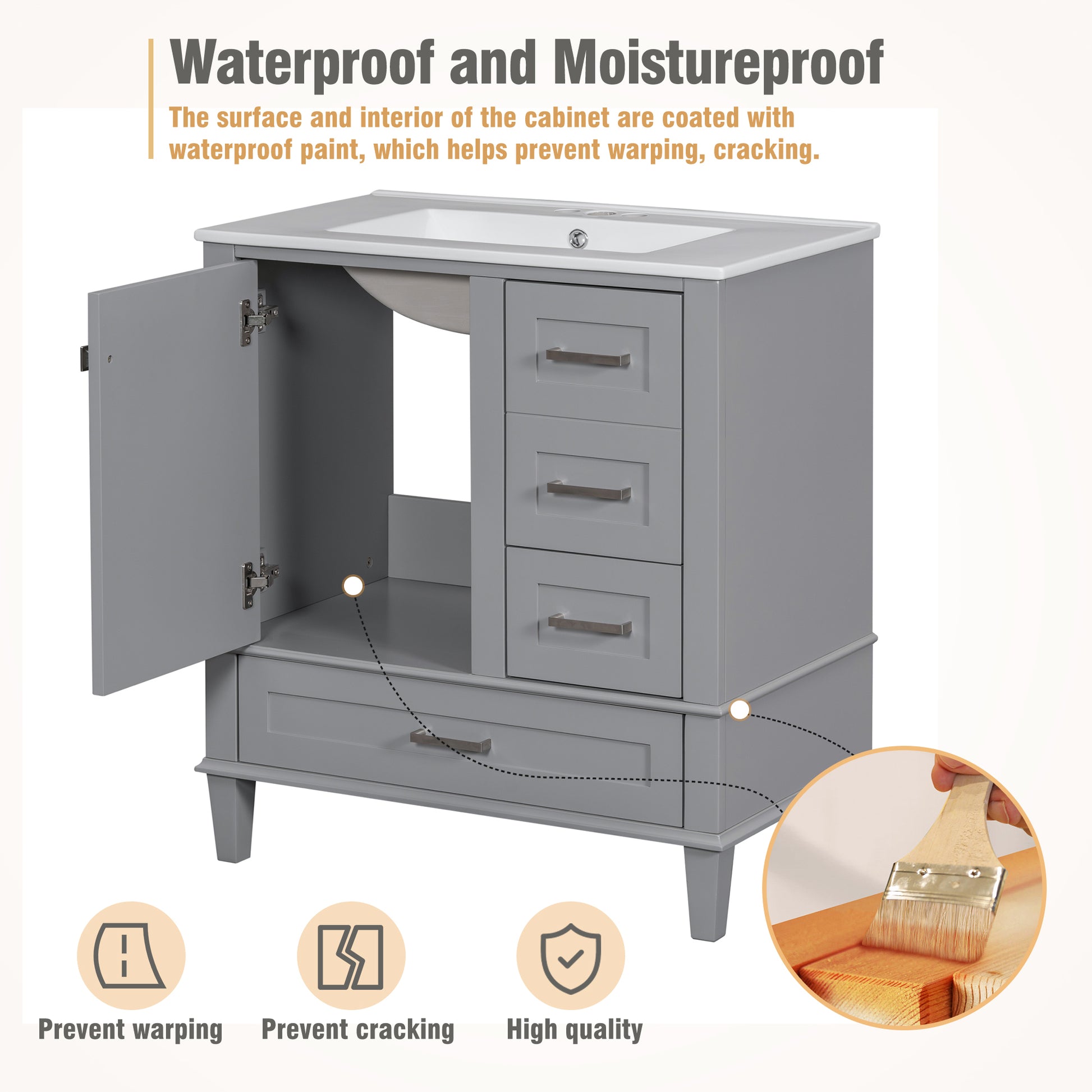 30" Bathroom Vanitymodern Bathroom Cabinet With Sink Combo Set, Bathroom Storage Cabinet With A Soft Closing Door And 3 Drawers, Solid Wood Frame Grey Grey Bathroom Solid Wood Mdf