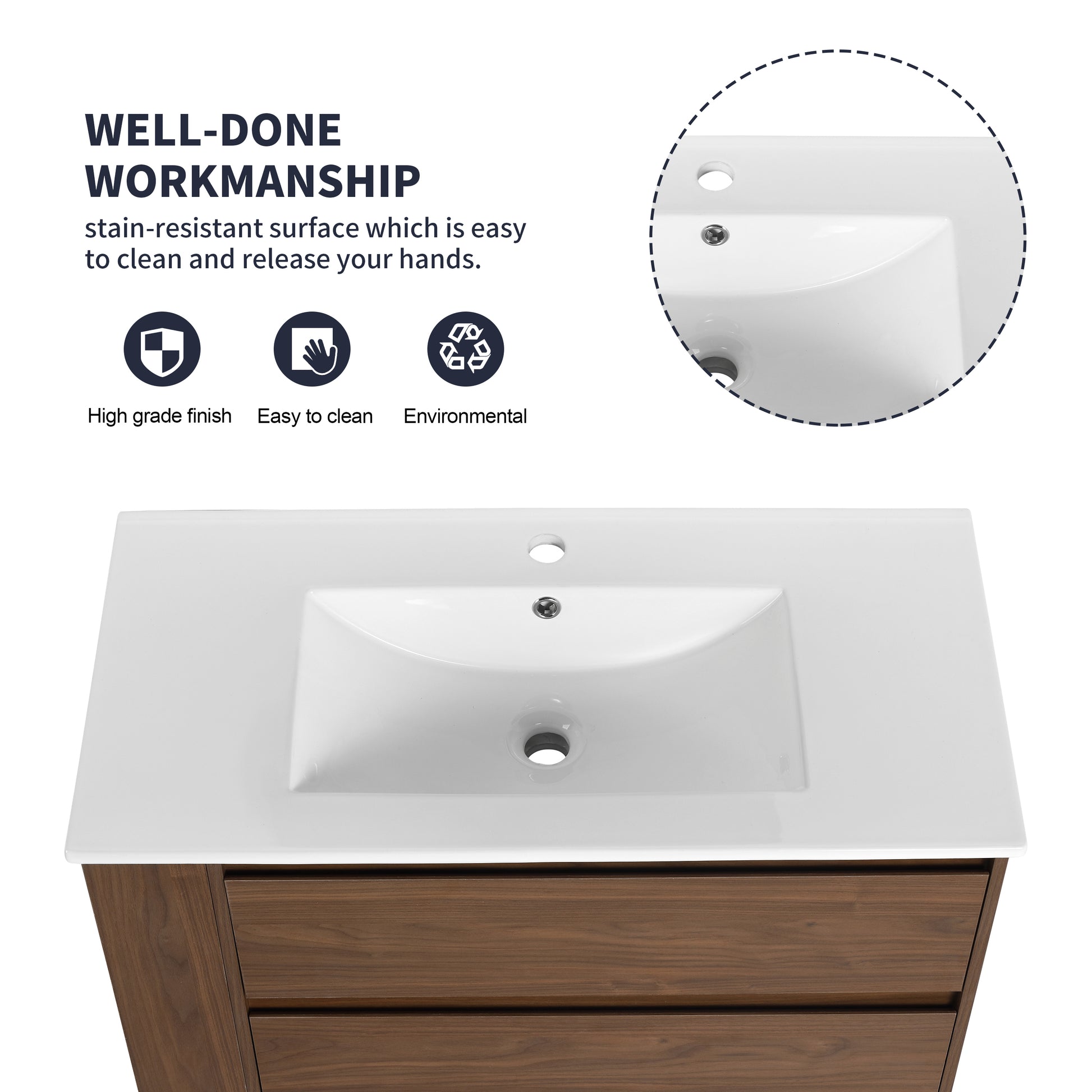 36" Wall Mounting Bathroom Vanity With Ceramic Sink, Soft Close Drawer 2 Brown Oak 1 Bathroom Wall Mounted Modern Plywood