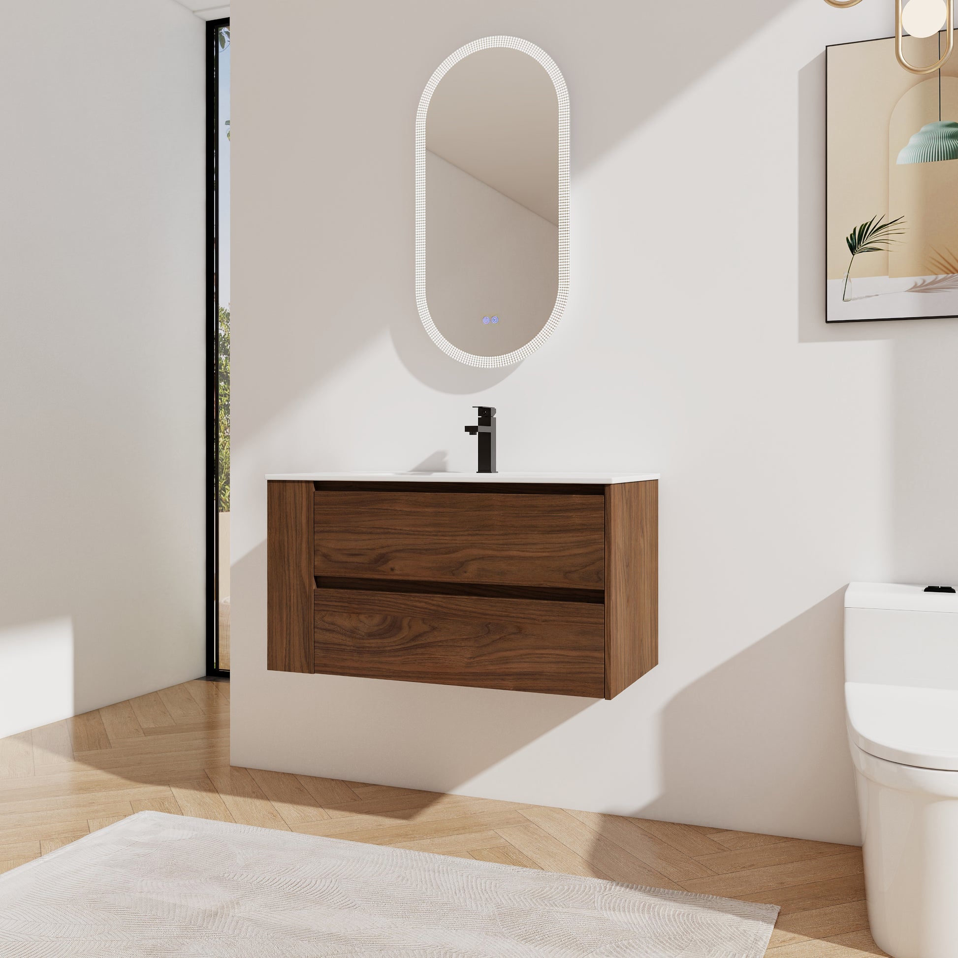 36" Wall Mounting Bathroom Vanity With Ceramic Sink, Soft Close Drawer 2 Brown Oak 1 Bathroom Wall Mounted Modern Plywood