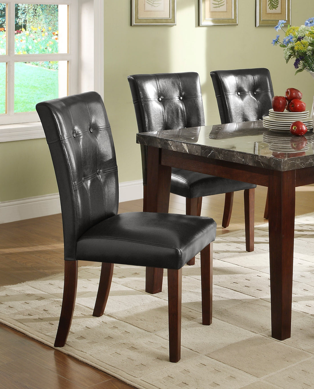 Dark Cherry Finish Wooden 7Pc Dining Set Marble Top Table And 6 Side Chairs Dark Brown Faux Leather Upholstered Dining Kitchen Furniture Set Wood Marble Dark Brown Seats 6 Wood Dining Room Classic,Transitional 4 Leg Rectangular Dining Table With Chair