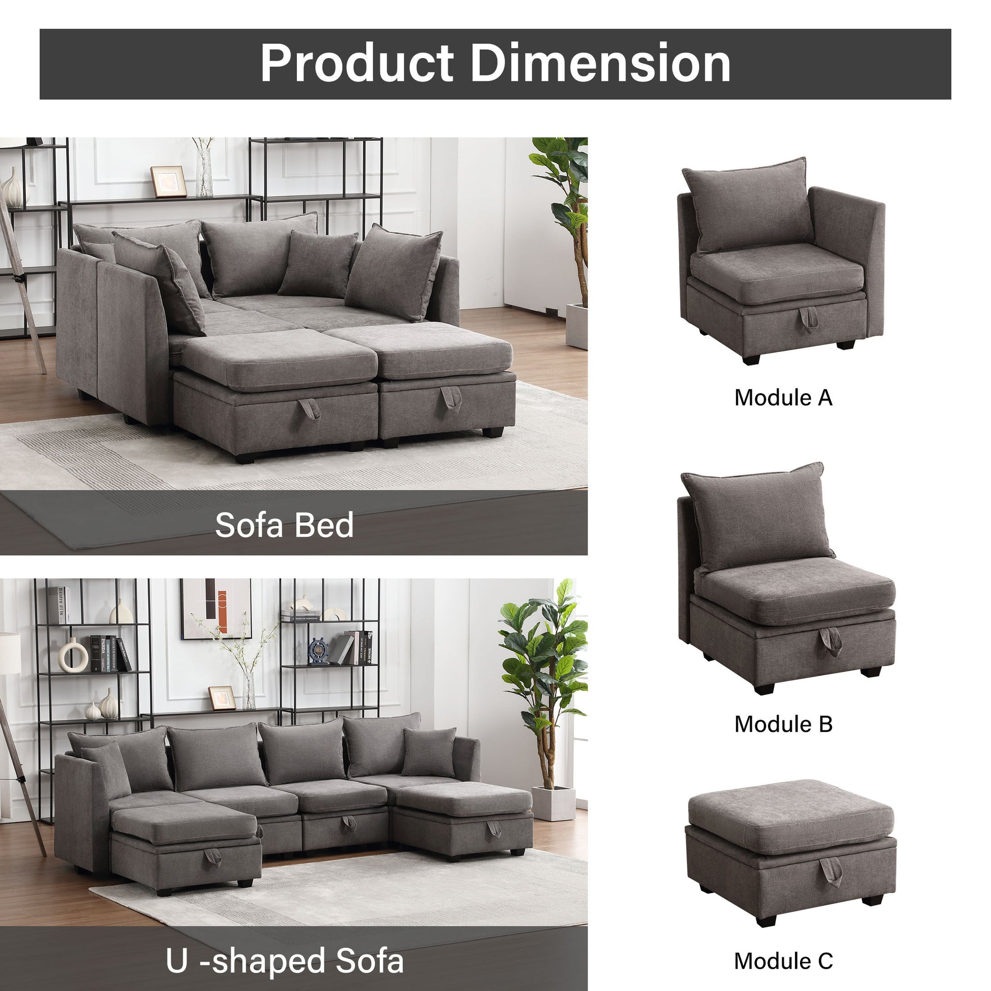 Modular Sectional Sofa, Convertible U Shaped Sofa Couch With Storage, 7 Seat Sleeper Sectional Sofa Set, Flexible Modular Combinations Fabric Couch For Living Room Grey, 7 Seat Sofa Grey Wood Soft Heavy Duty Fabric 7 Seat