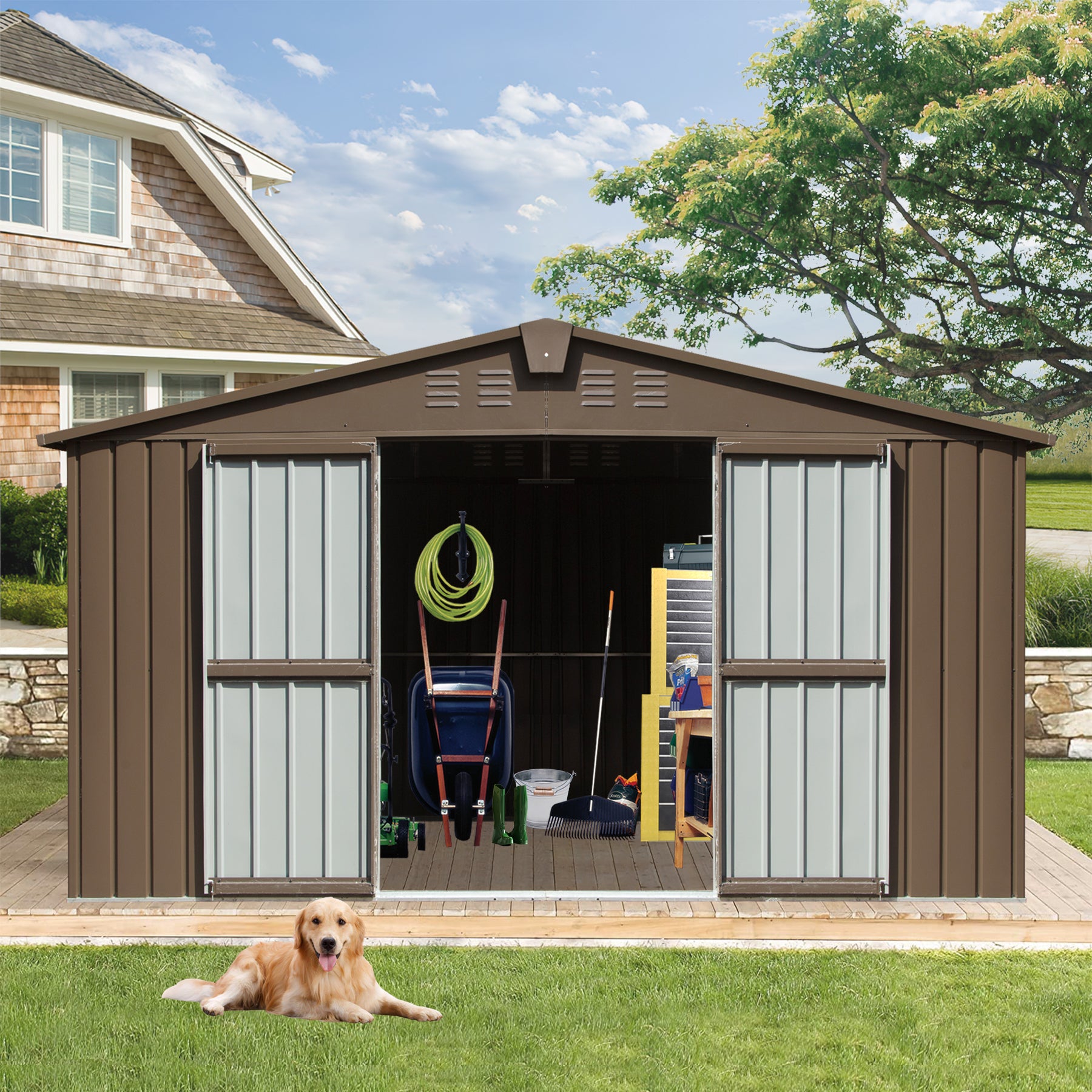 Backyard Storage Shed 11' X 12.5' With Galvanized Steel Frame & Windows, Outdoor Garden Shed Metal Utility Tool Storage Room With Lockable Door For Patio Brown Brown Metal