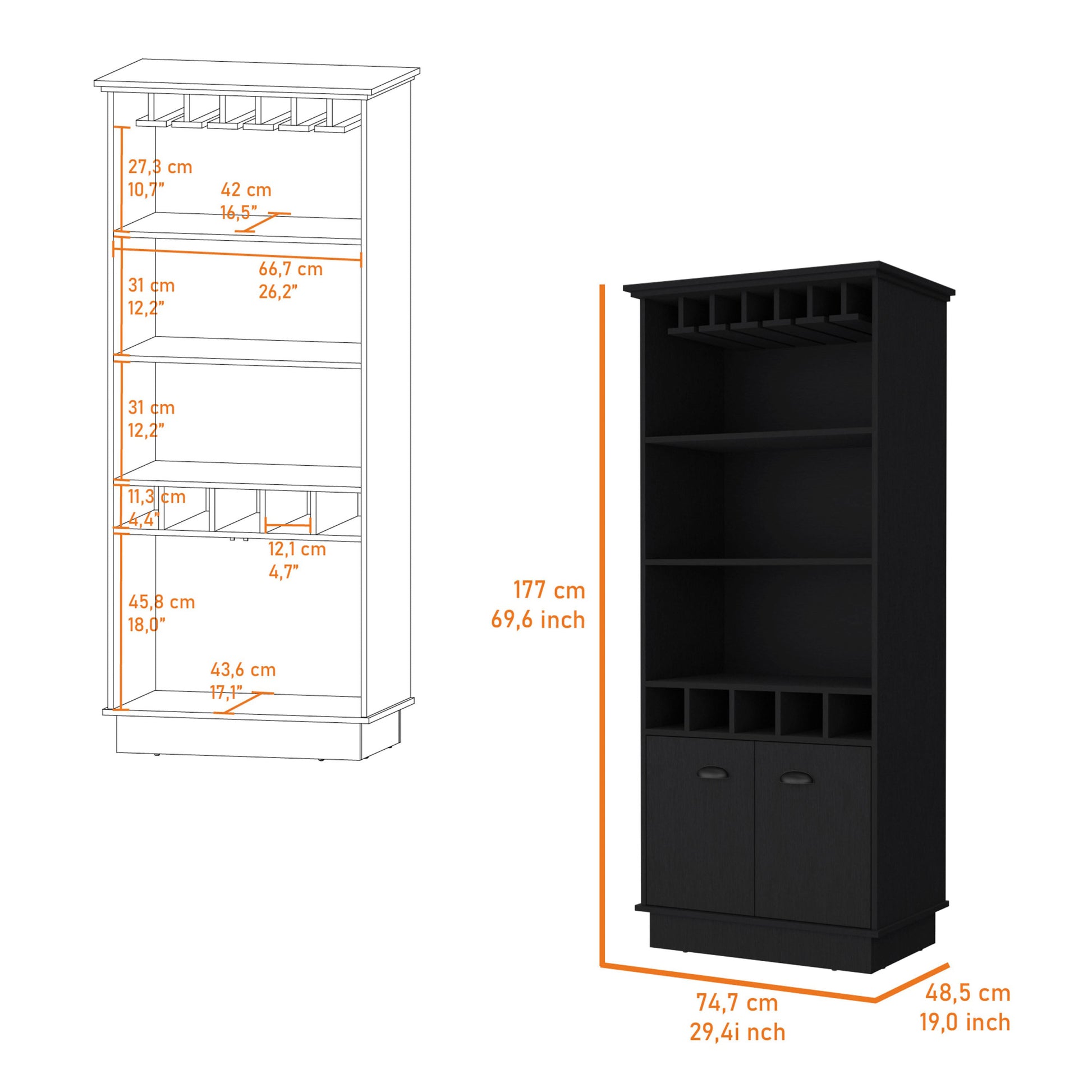 Black Glassware Rack Bar Cabinet 1 2 Shelves Black Primary Living Space Shelves Included Wood