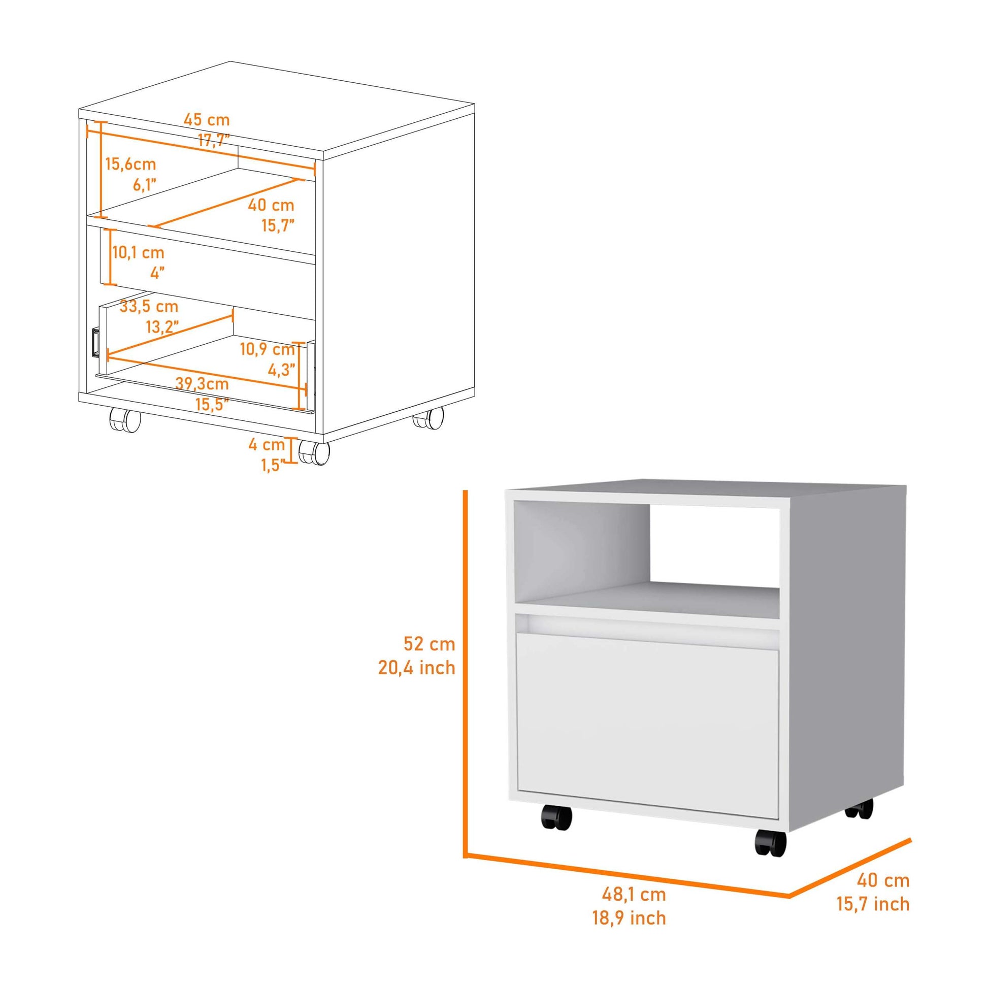White 1 Drawer Nightstand White White 1 Drawer Bedroom Open Storage Wheels White Wood